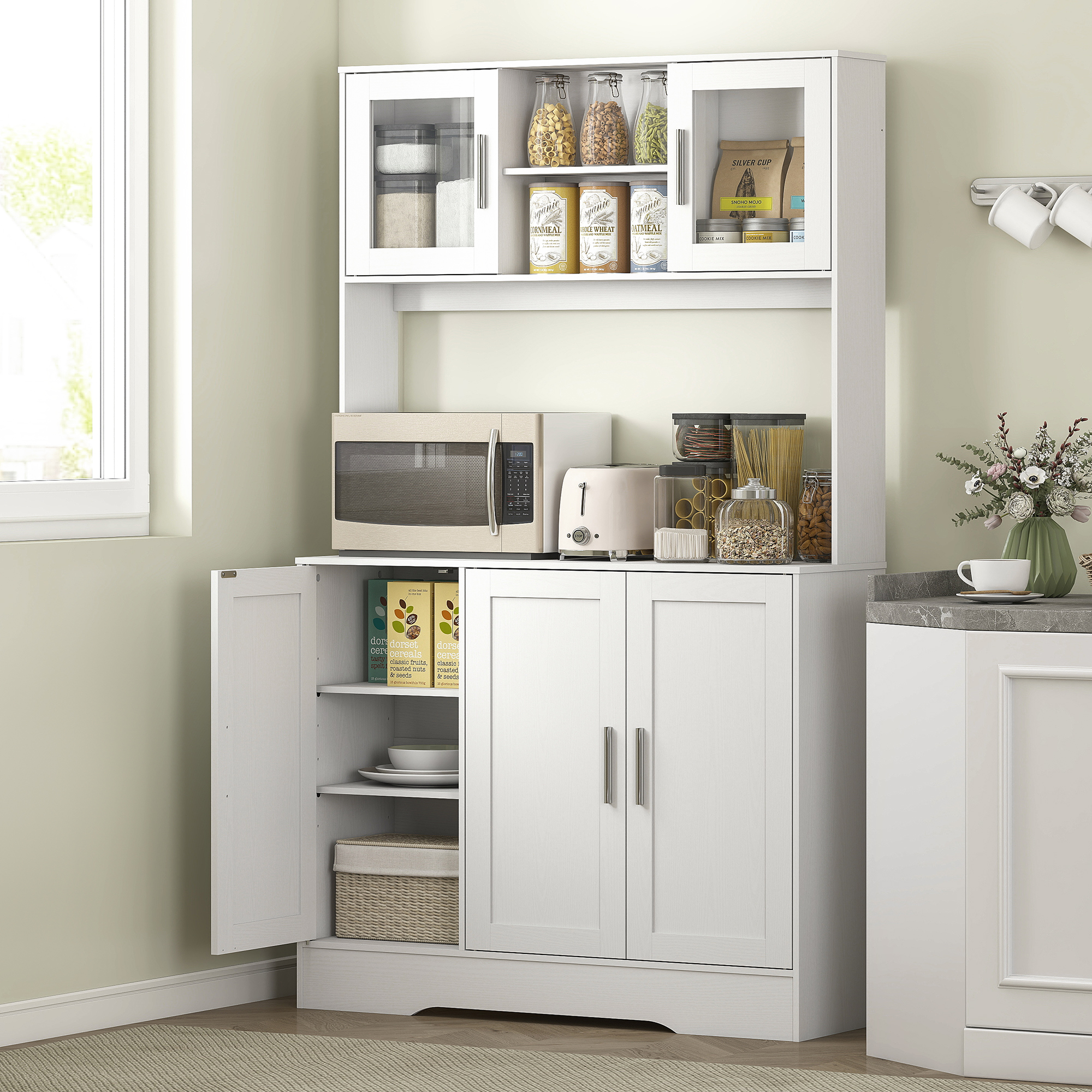Küchenschrank, Skandinavisches Design, 4 Schränke, verstellbare Regale, Glastüren, offene Fläche, Spanplatte, MDF, Weiß