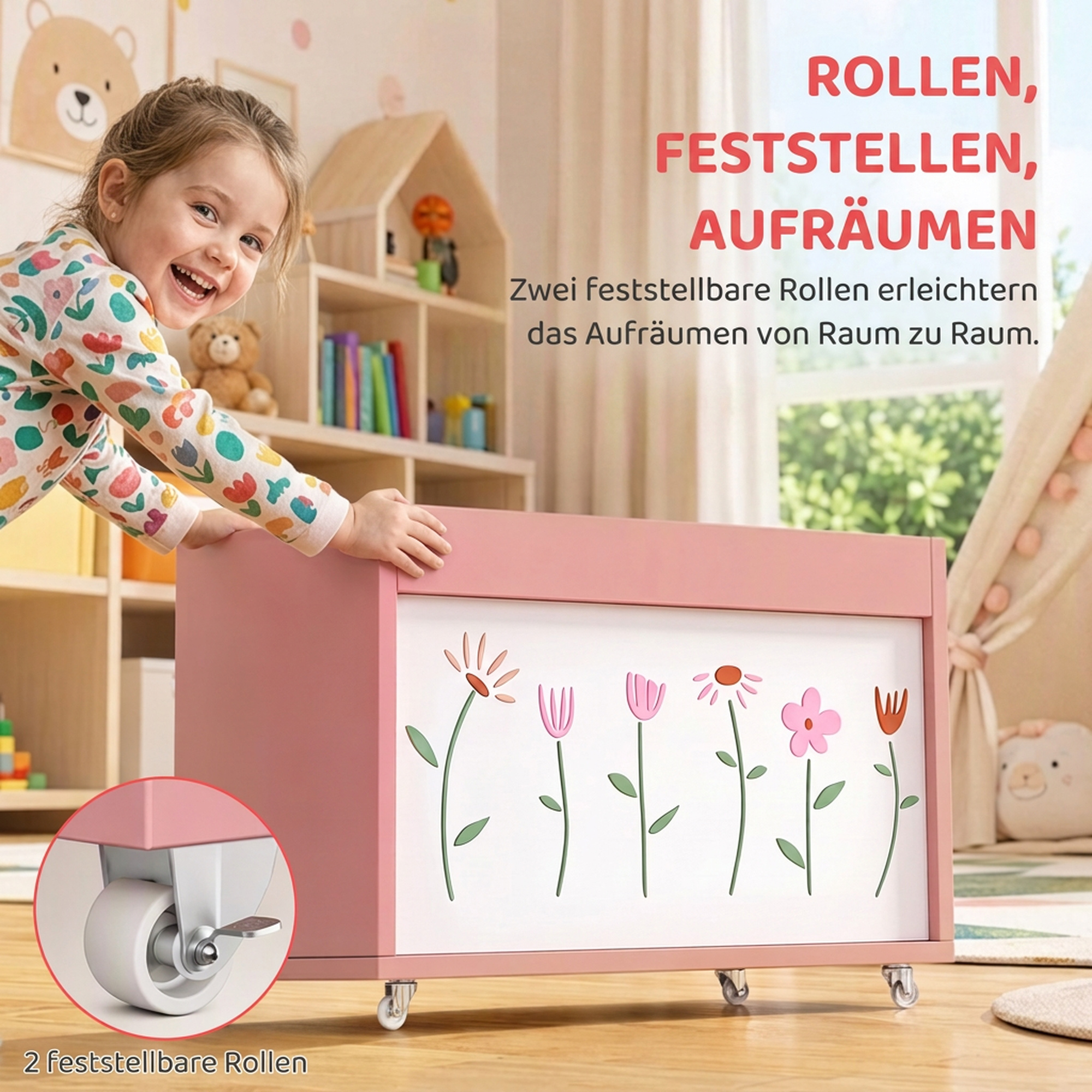 Spielzeugkiste, Aufbewahrungsbox mit Rollen Bremsen, 34,5 L offene Spielzeugtruhe mit Blumenmuster, 50 x 30 x 33,5 cm
