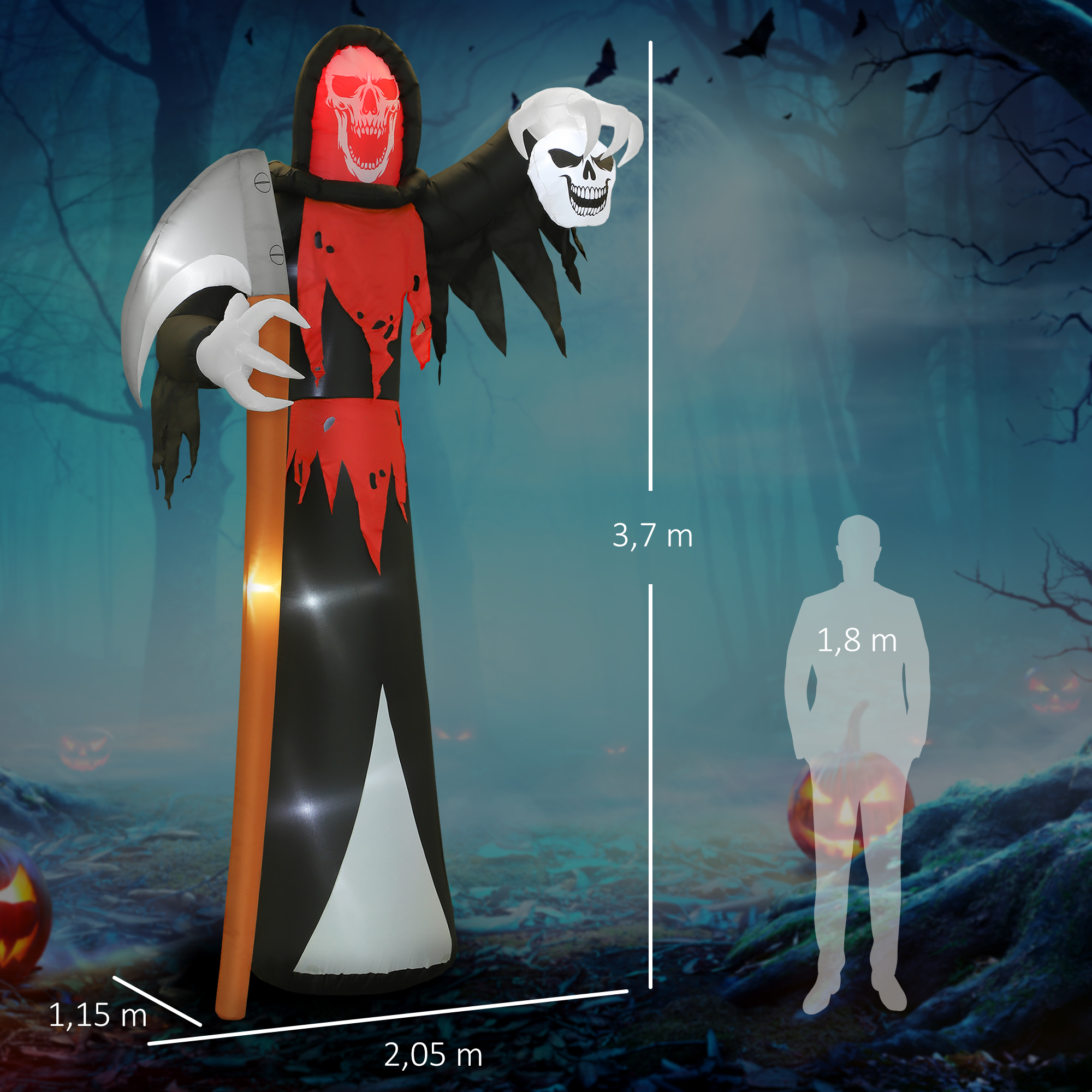 Halloween-Dekoration 3,7 m riesiger Sensenmann mit LED-Beleuchtung Leuchtende Luftfigur für Outdoor
