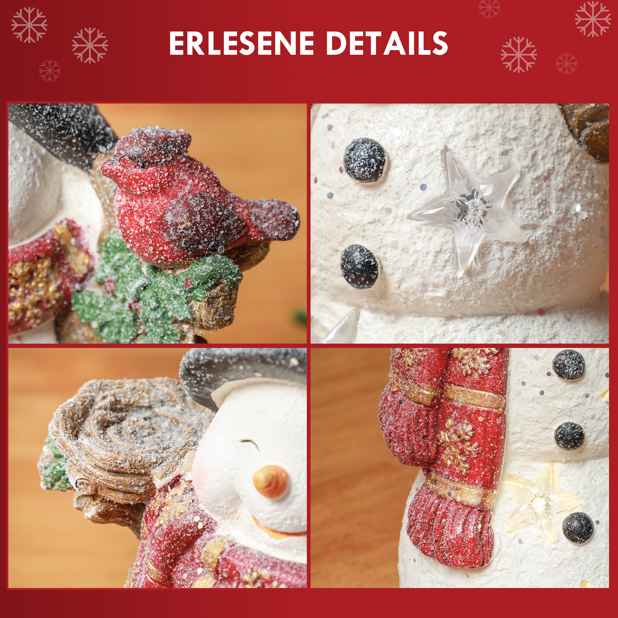 Weihnachtsdeko, Schneemann mit Vogel, 4 warmweiße LEDs, batteriebetrieben, 25 x 15,5 x 38 cm