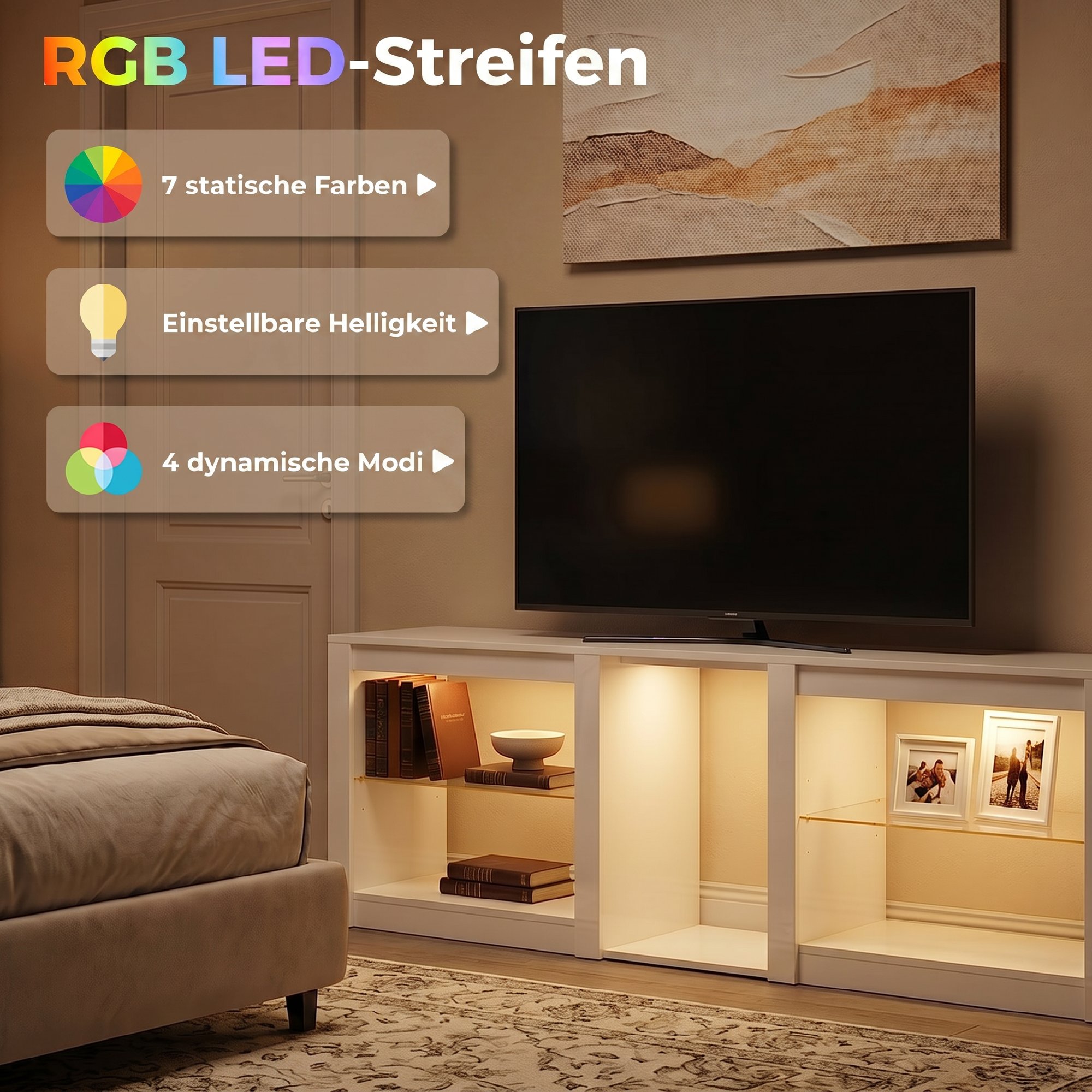 TV-Lowboard mit RGB-LED-Beleuchtung, Modernes TV-Möbel mit verstellbaren Glasböden, für Fernseher bis 75 Zoll, Weiß