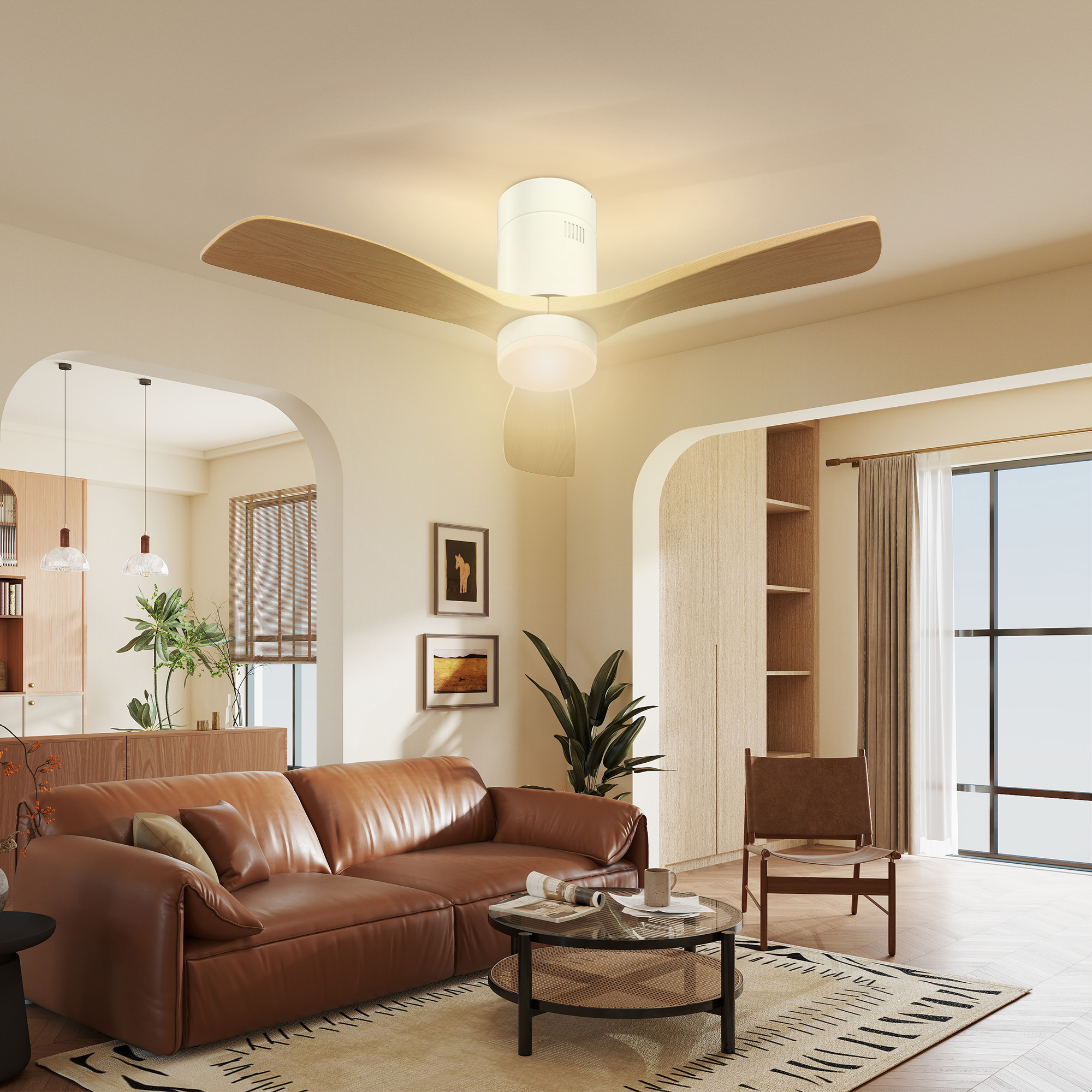 Deckenventilator mit LED-Licht, 6 Geschwindigkeiten, Fernbedienung, Hellbraun