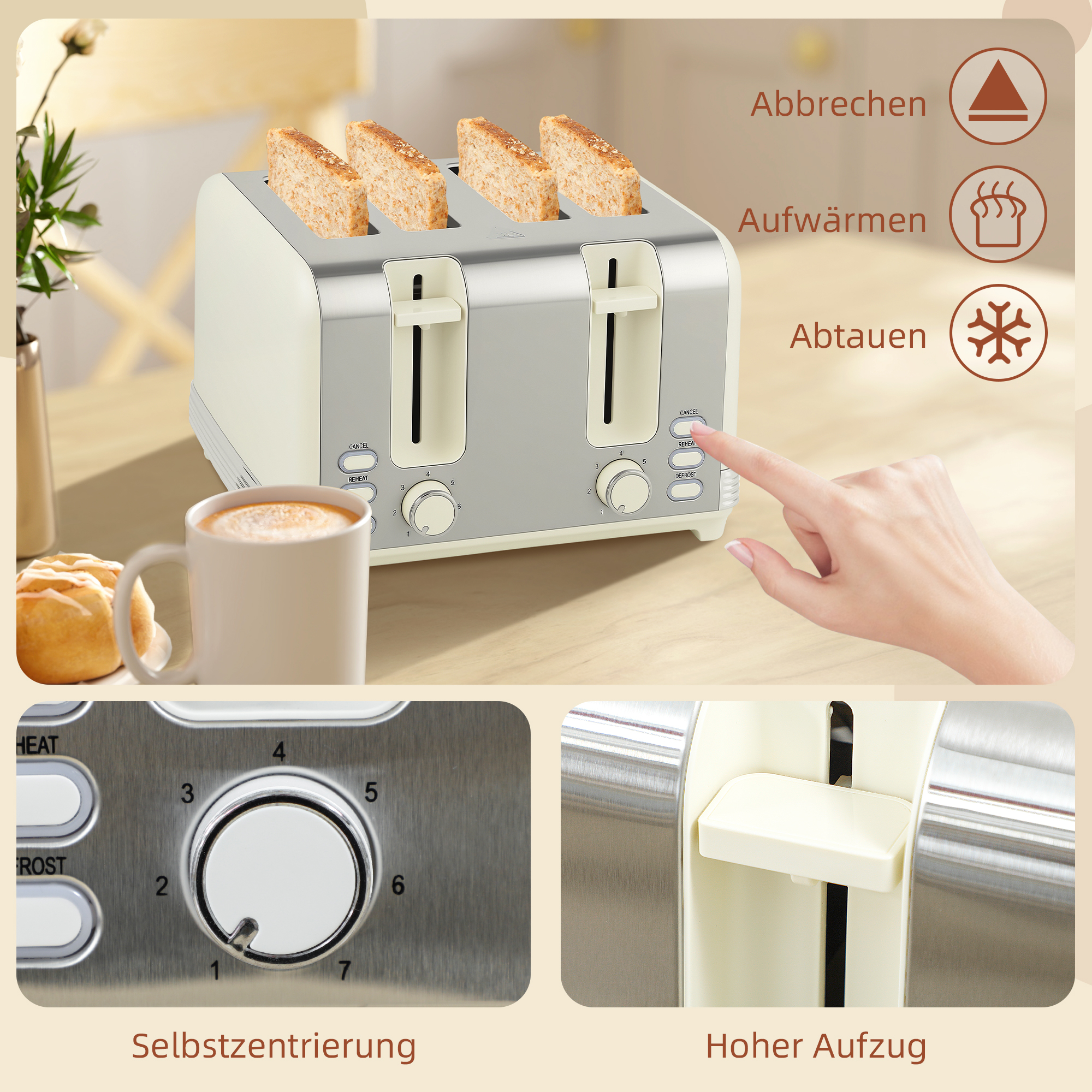 Wasserkocher- und Toaster-Set, 1,7 L, 2200W, Strix Thermostat, Filter, 4-Schlitz-Toaster, 7 Bräunungsstufen, Krümelfach