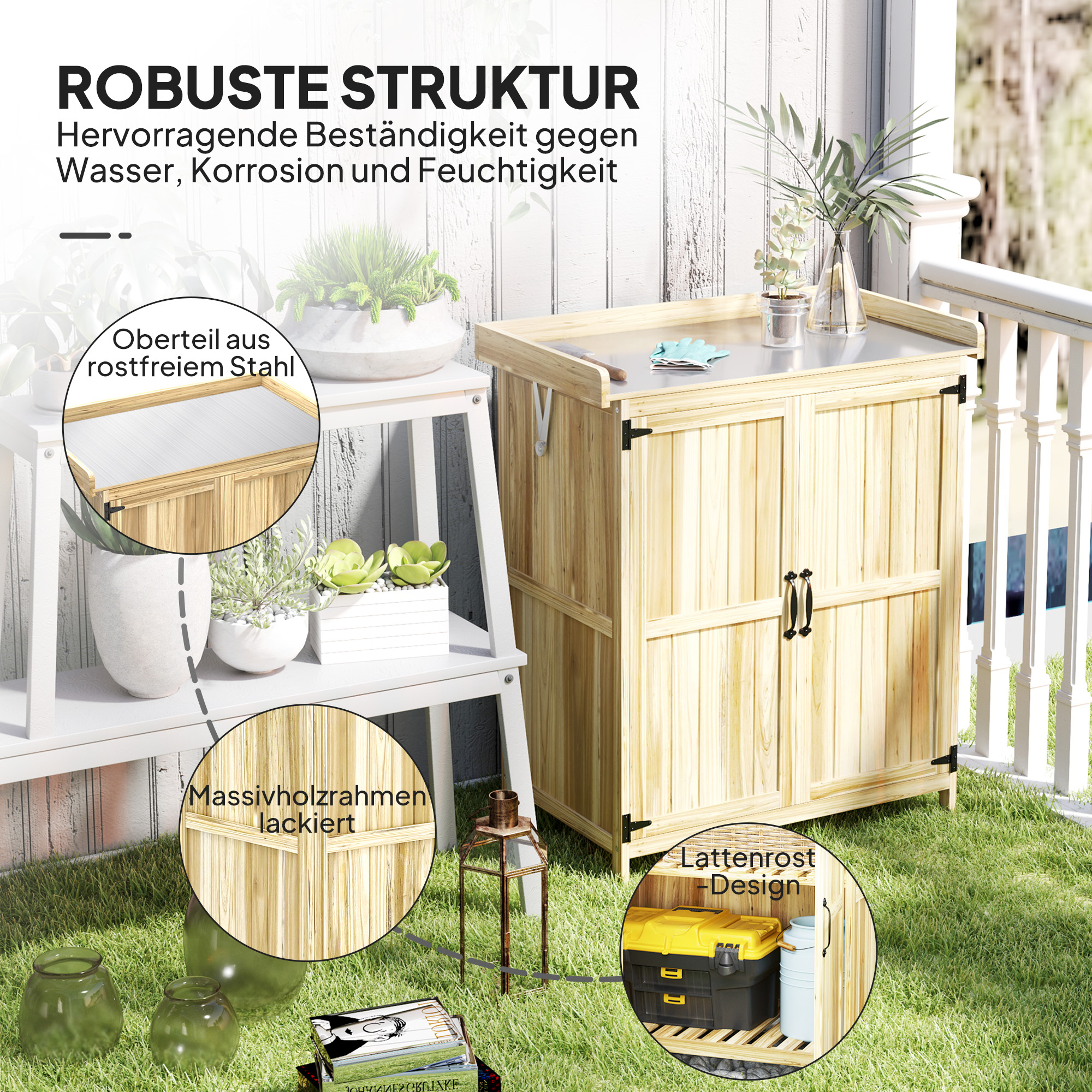 Gartenschrank, Werkzeugschrank für den Außenbereich, mit Arbeitsfläche, Holz und Edelstahl, Doppeltüren, Naturholz