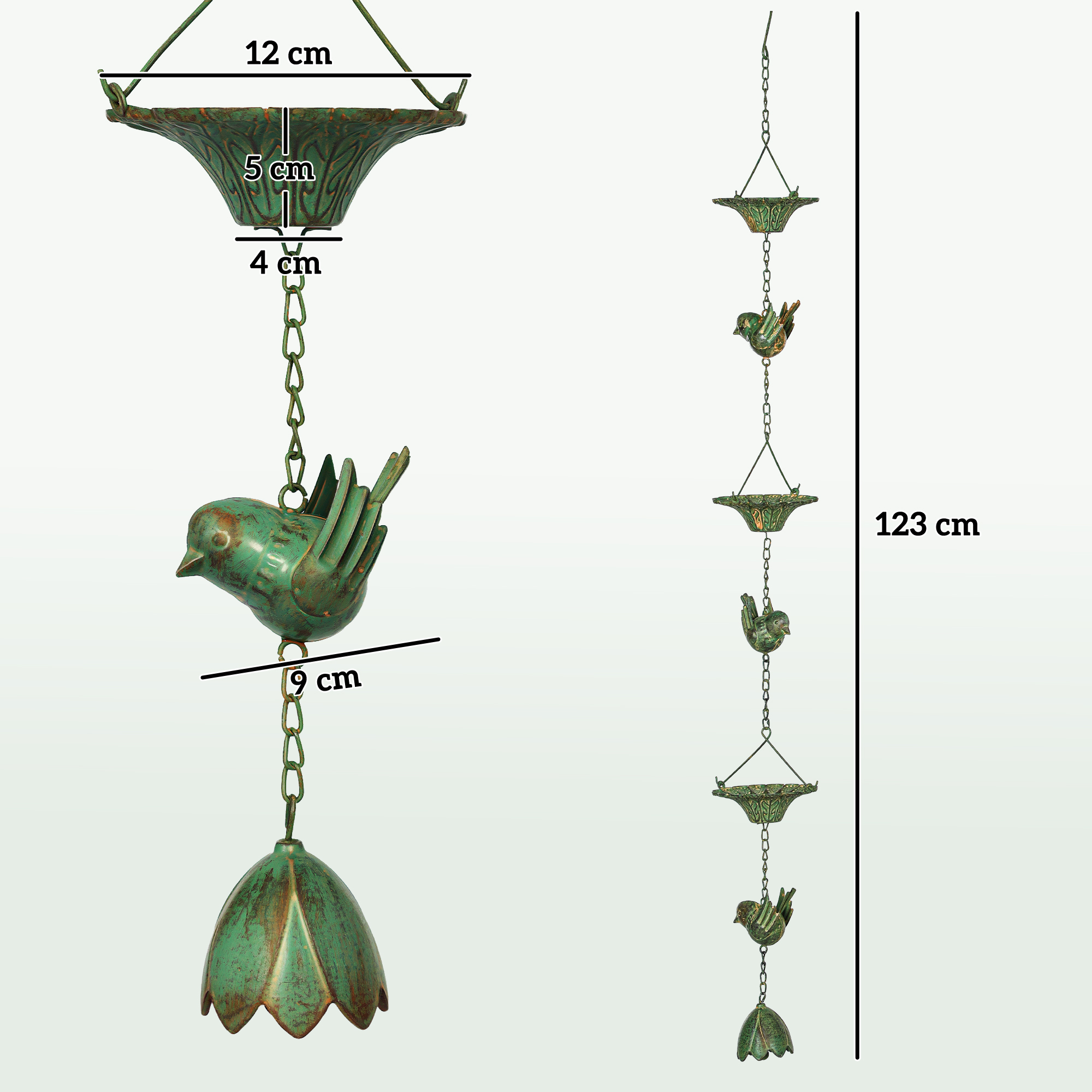 3er Set Regenkette 123cm Regenablaufkette aus Metall Ablaufkette mit befestigtem Aufhänger Vögeln Bell Grün