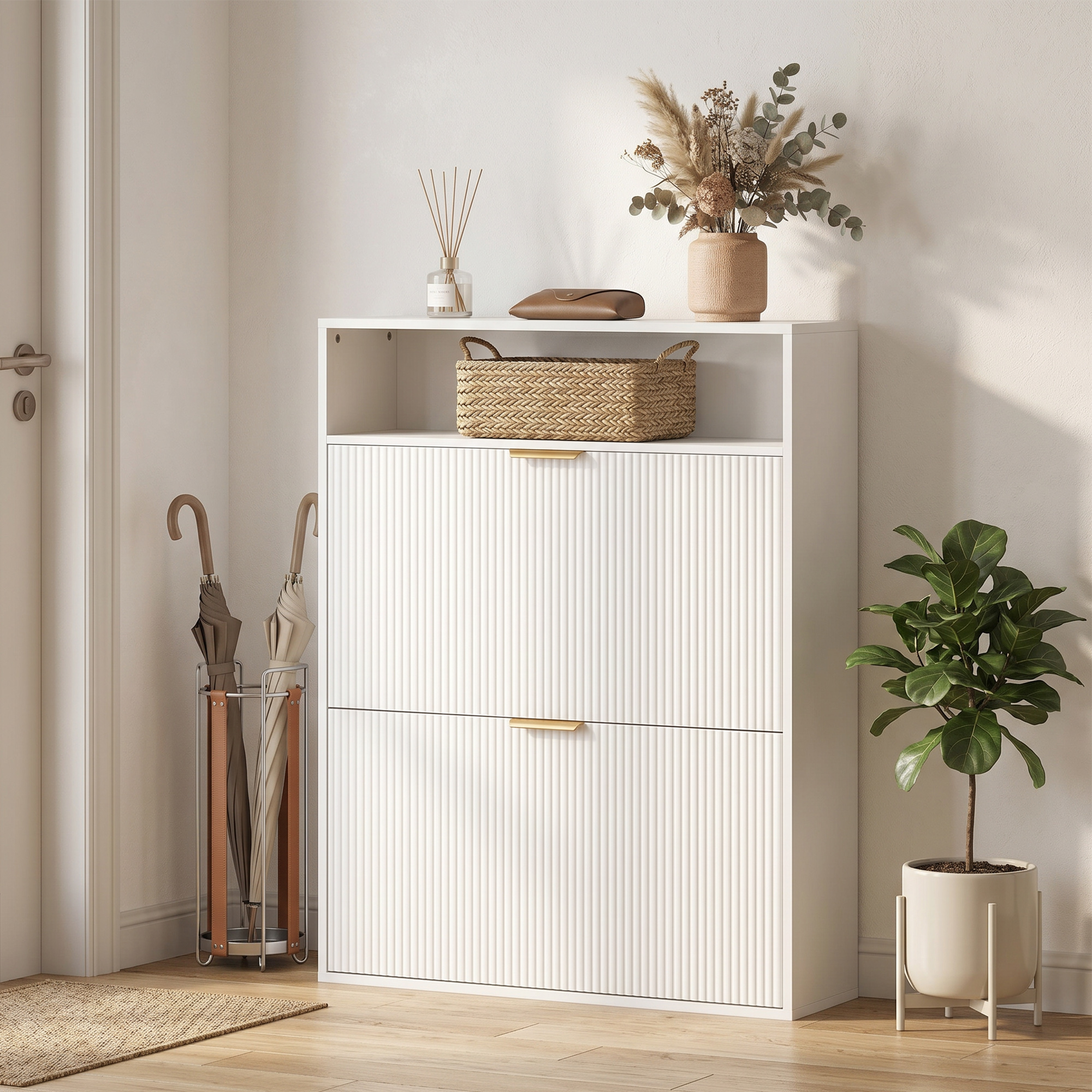 schmaler Schuhschrank mit 2 Klappfächern und Ablagefläche für Flur und Eingangsbereich, Weiß
