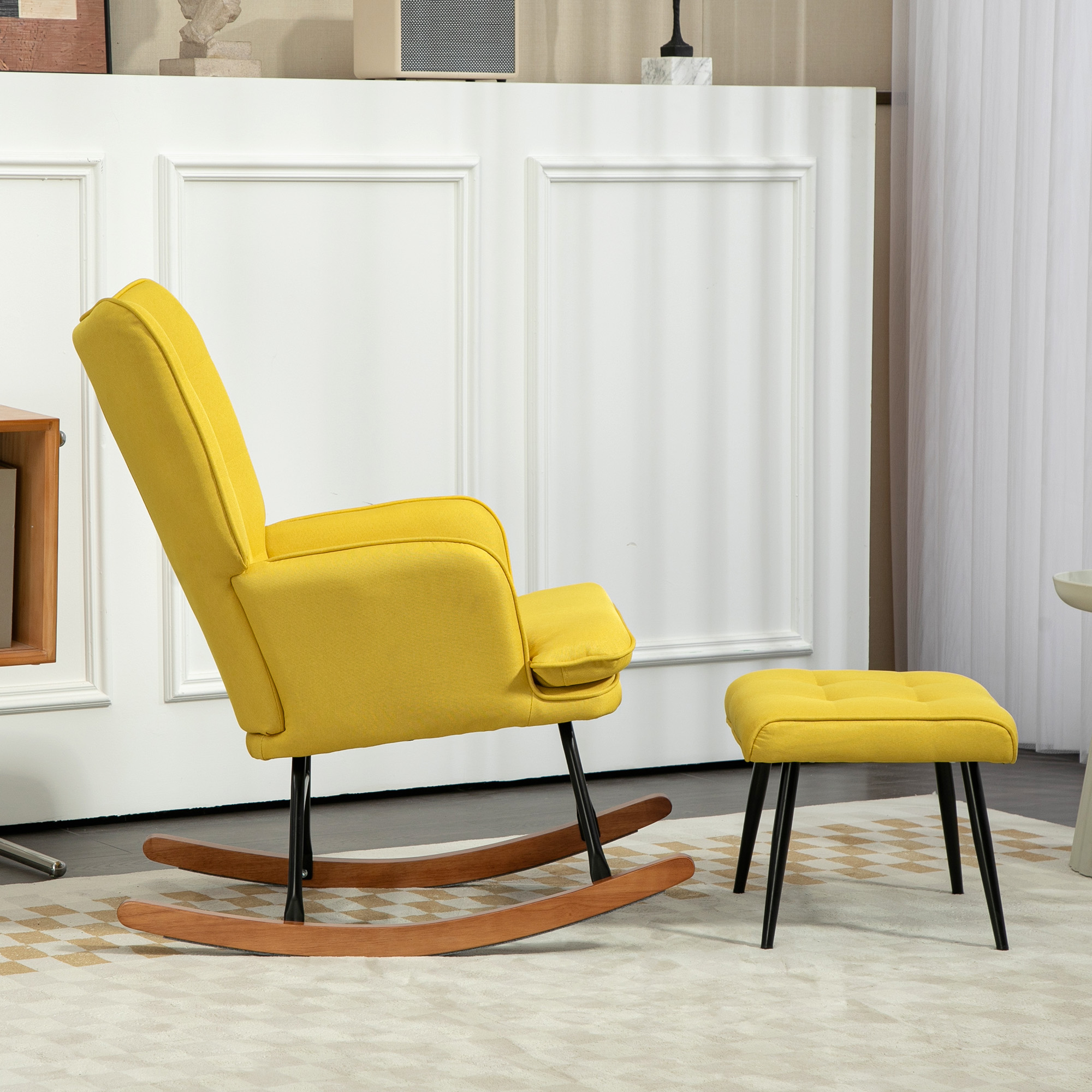 Schaukelstuhl mit Ottomane Skandidesign Schaukelstuhl mit Fußhocker, Buchenholz, Steppung, 64 cm x 89 cm x 90 cm Gelb