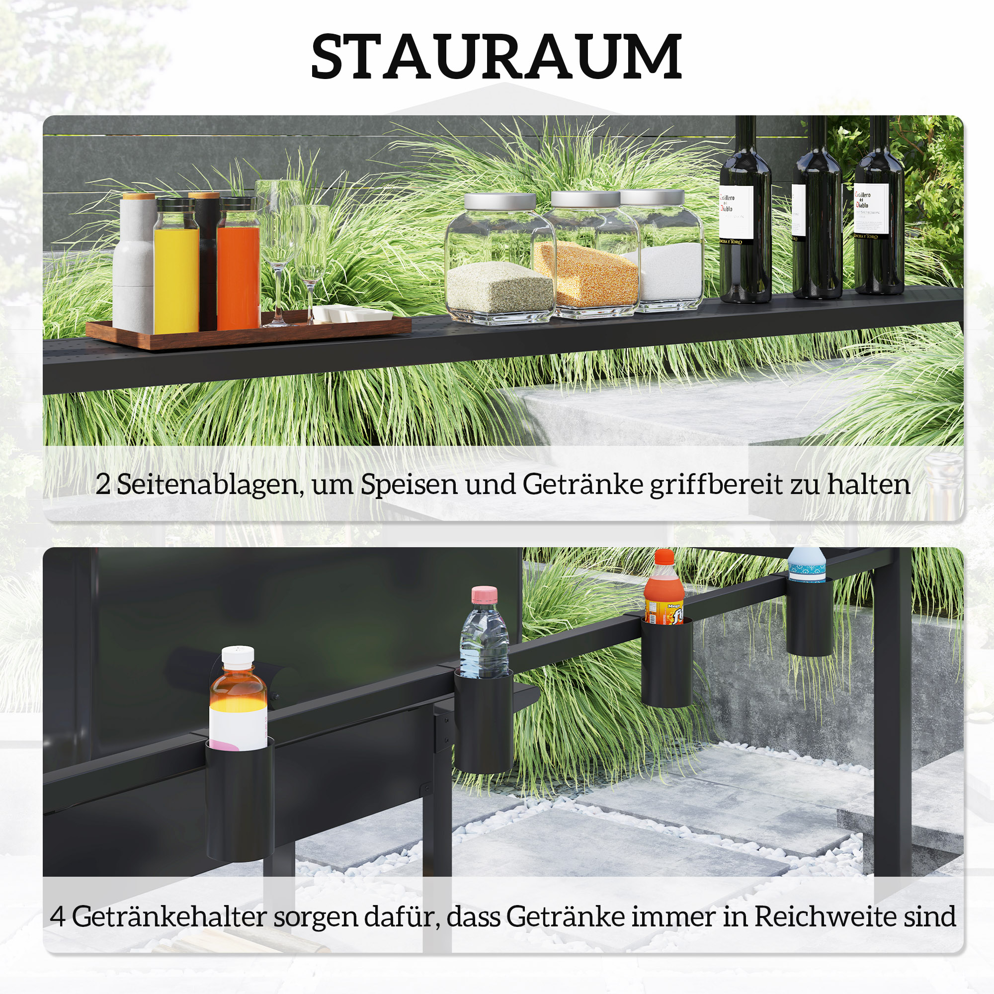Grillpavillon 250 x 160 x 250 cm wasserdicht Gartenpavillon mit Doppelschichtdach, Seitenregalen Schwarz