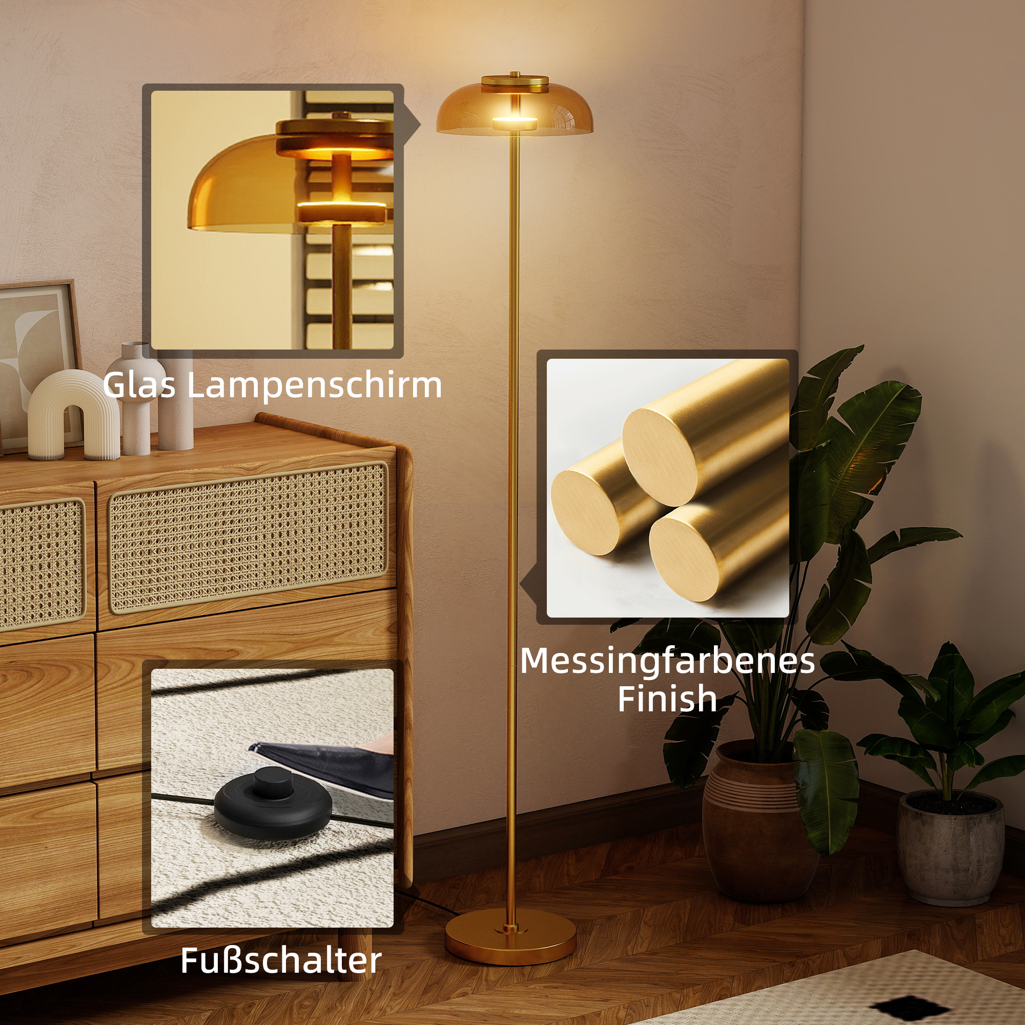 LED Stehlampe Wohnzimmer, Stehleuchte mit 3000 K warmem Licht, Fußschalter, 25 x 25 x 134 cm, Messing
