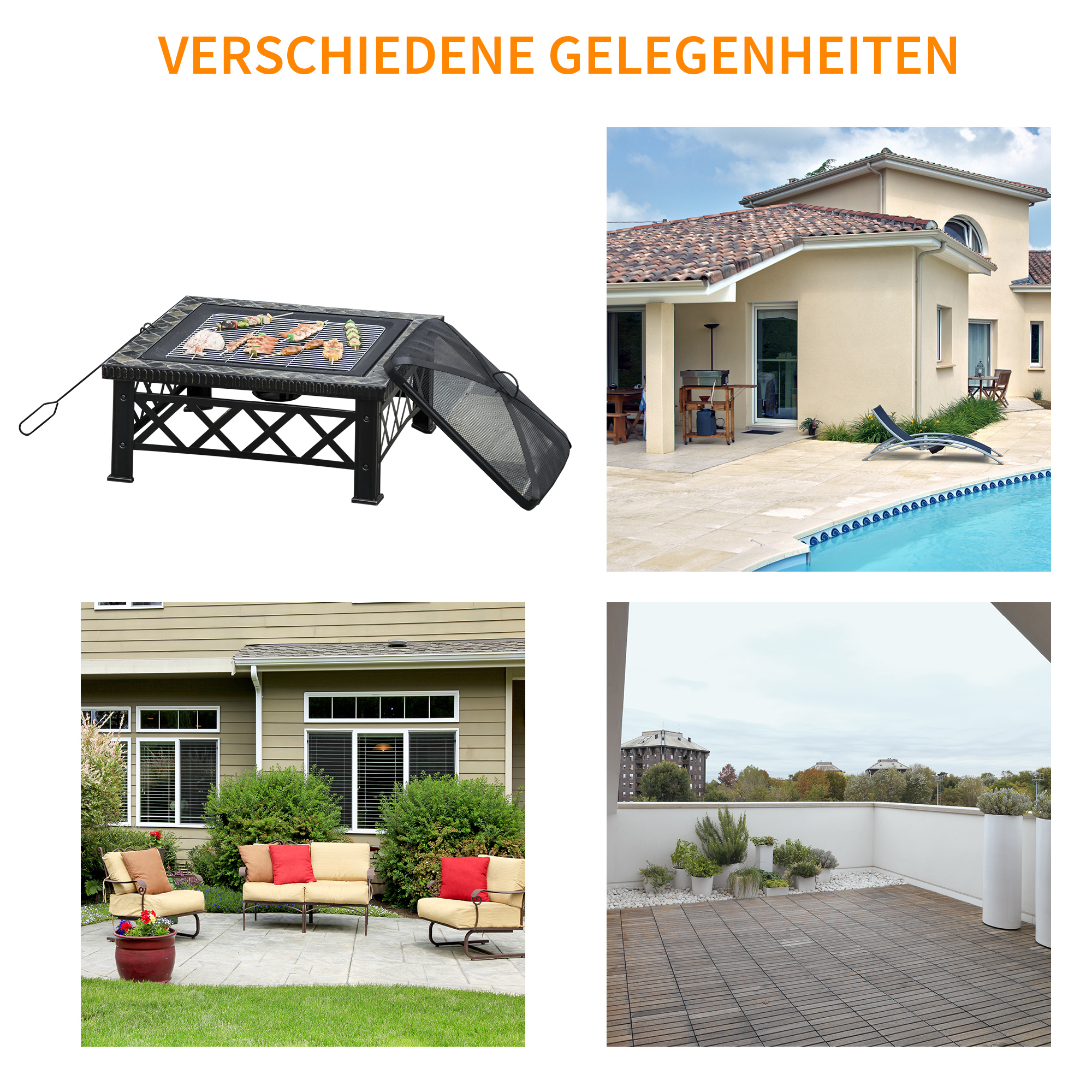 3-in-1 Feuerschale Feuerkorb Feuerstelle mit Funkenschutz Grillrost Eiskübel Garten BBQ Schwarz 76cm x 76cm x 47cm