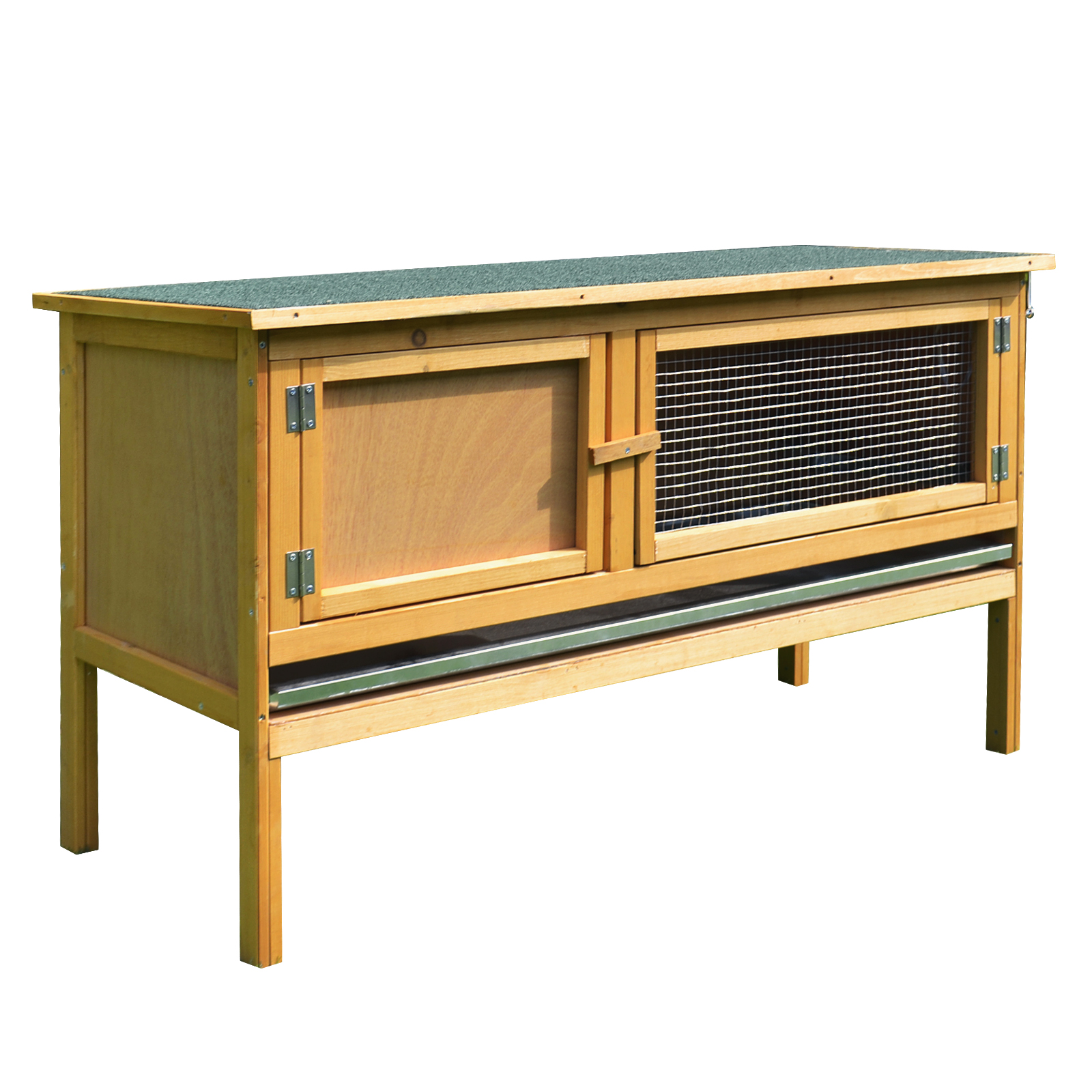 Hasenstall Kaninchenstall aus Holz mit aufklappbarem Dach, 2 Türen, auslaufsicherer Schale, 115x44,3x65 cm Hellgelb