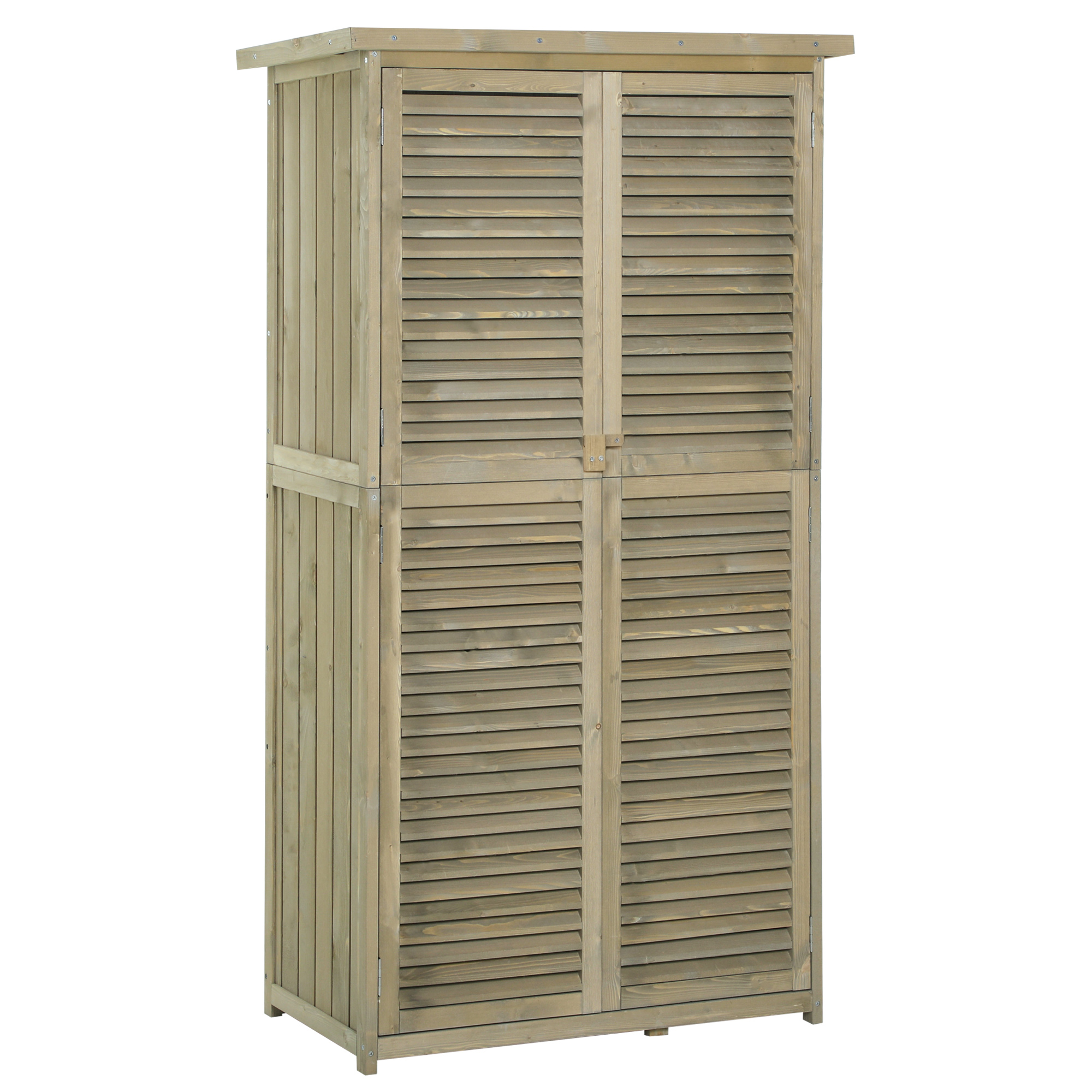Gartenschrank Holz Geräteschuppen Gerätehaus mit Asphaltdach Lamellentür Geräteschrank Schuppen Garten 4 Fächer Grau 87 x 46,5 x 160 cm