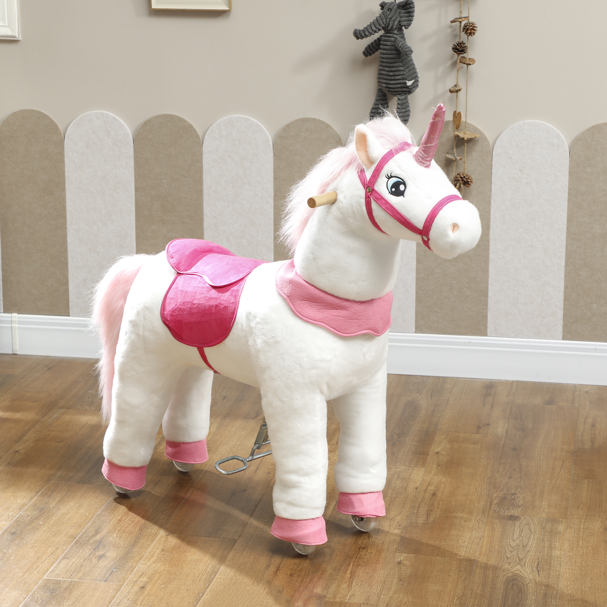Reitpferd für Kinder, Einhorn-Design, Stoffbezug, stabiler Rahmen, sanfte Räder, Schaukelpferd, 3-5 Jahre, Weiß