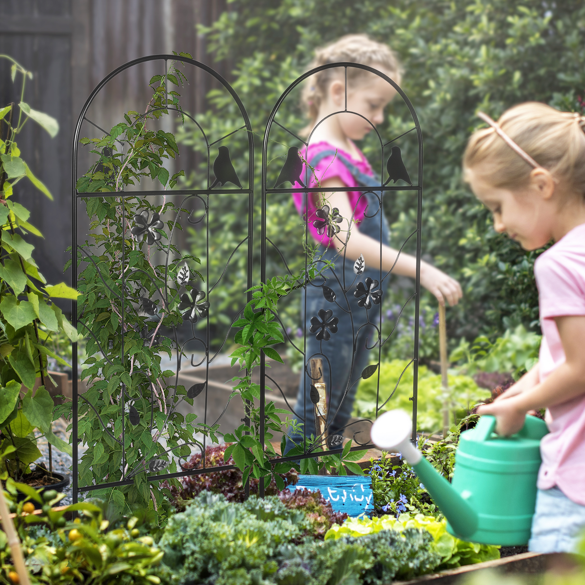 2er-Set Metallspalier, mit Vogel- und Kleeverzierung, für Garten & Terrasse, schwarz, 38 x 98 cm