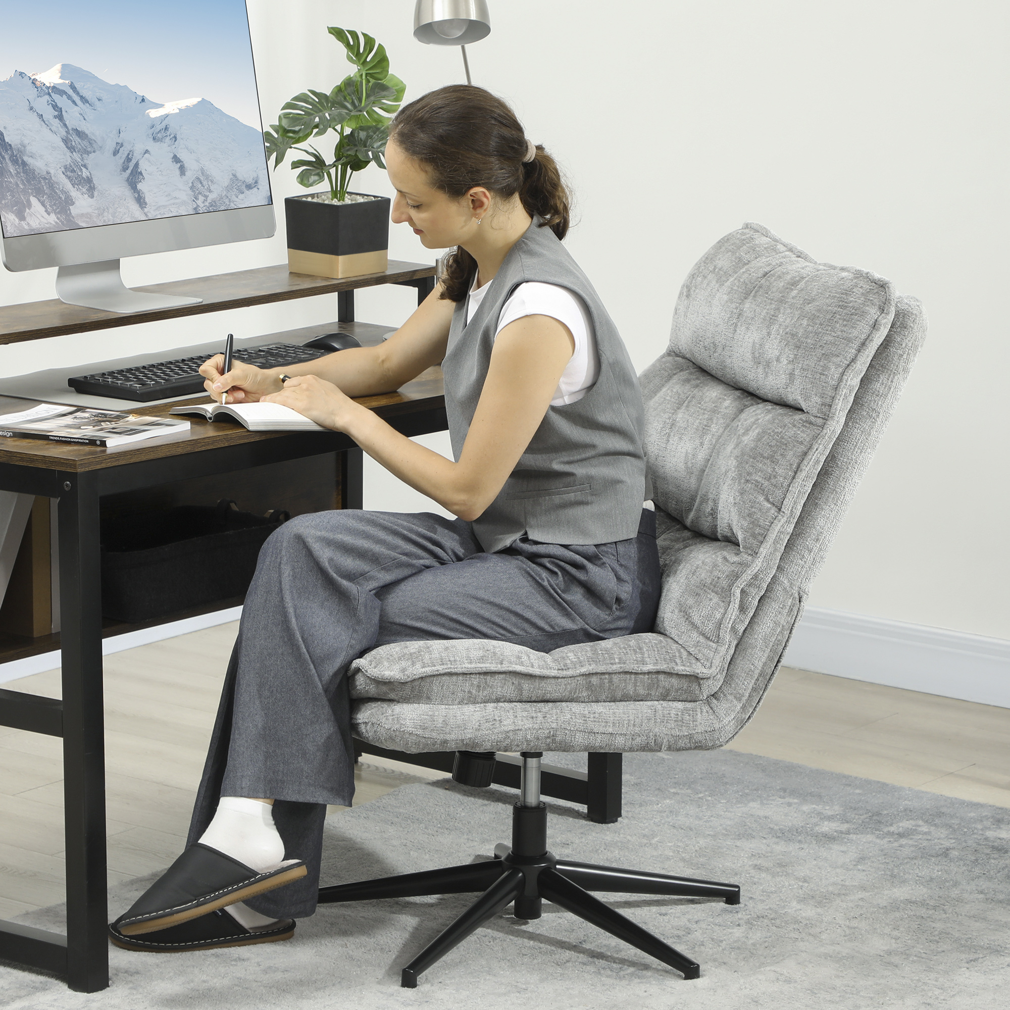 Armloser Polsterstuhl, drehbarer gepolsterter Bürostuhl mit weichem Stoffbezug, höhenverstellbar, Stahlbeine, Grau