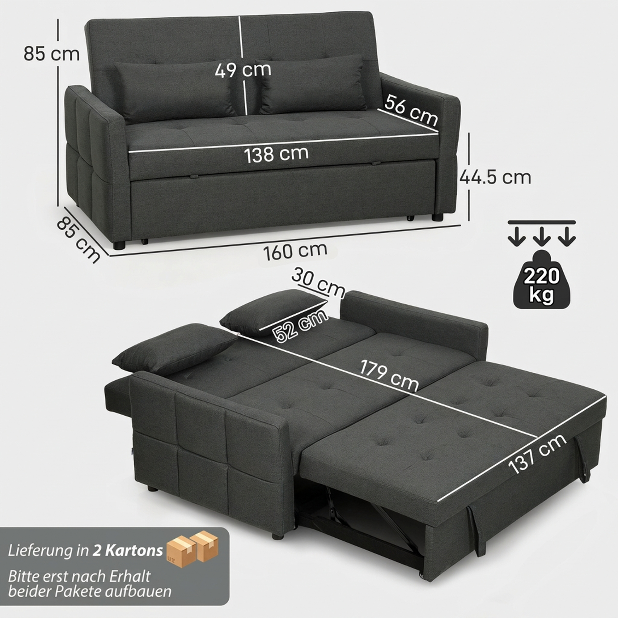 2-Sitzer-Schlafsofa, 3-in-1 Ausziehsofa mit verstellbarer Rückenlehne, breiter Sitzfläche, Dunkelgrau