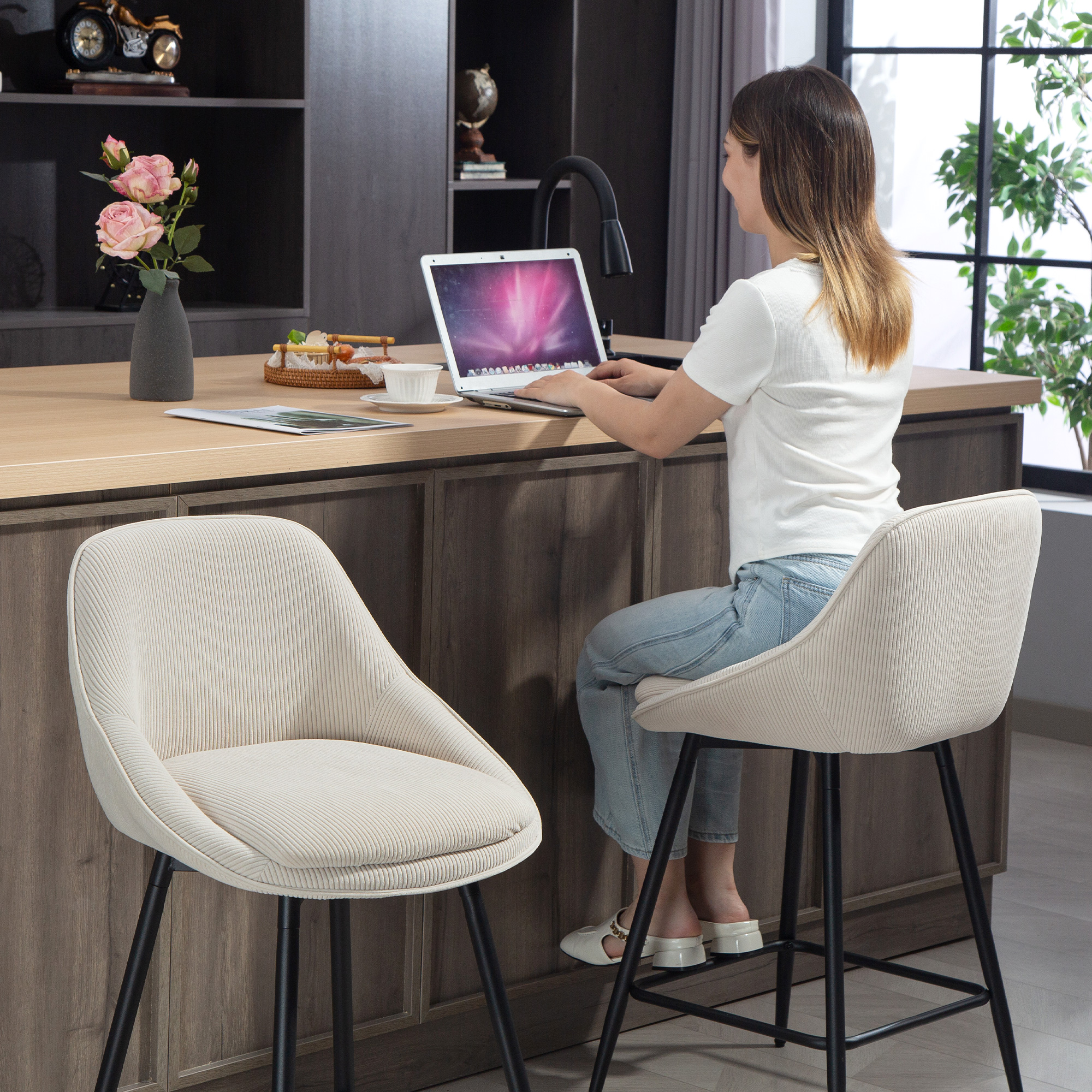 2er-Set Barstühle mit Cordbezug und Stahlbeinen, Polsterstühle für Kücheninsel, Esszimmer, Creme