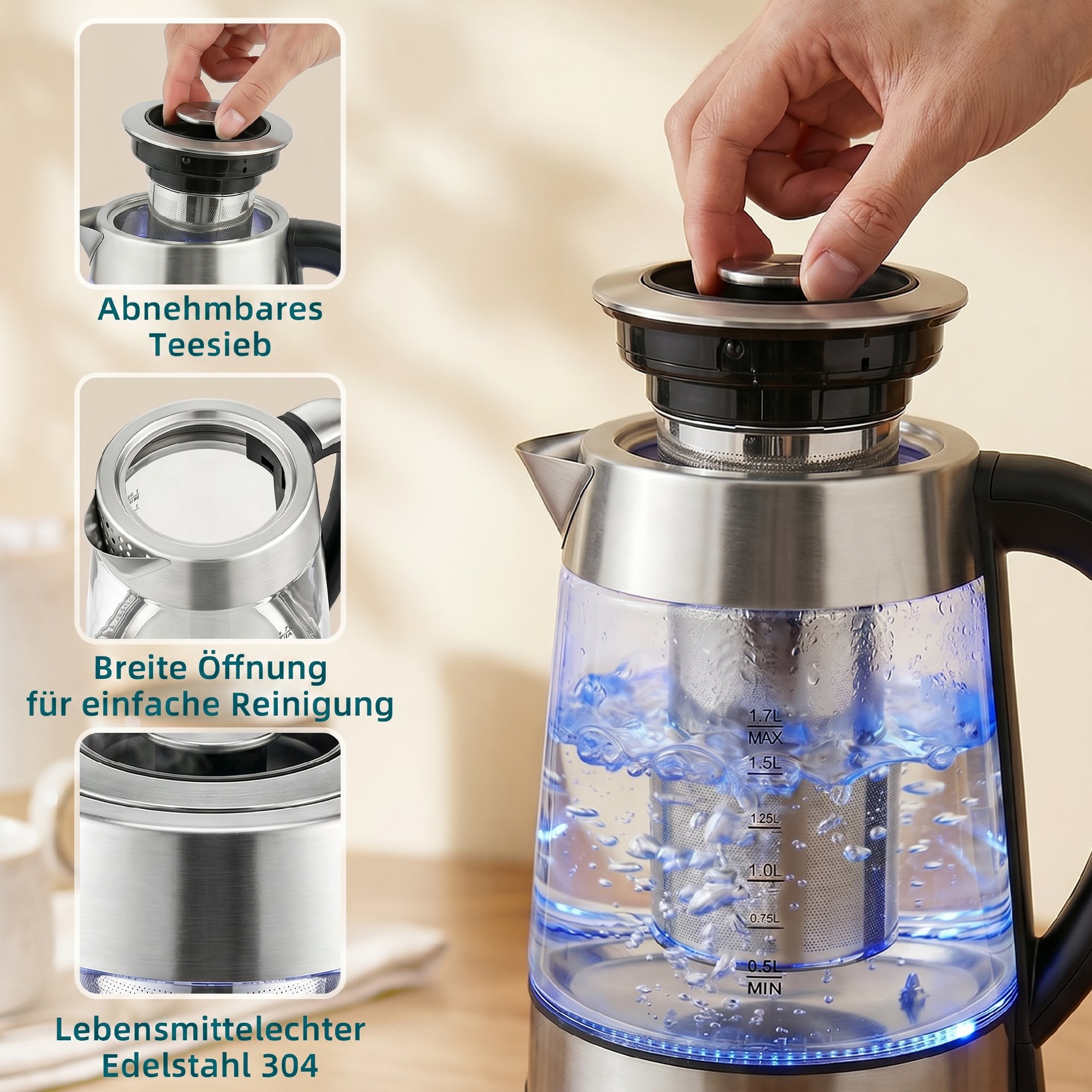 Wasserkocher, 1,7L Schnellkochender 2200W Wasserkocher mit UK Strix Thermostat, Teesieb, Warmhaltefunktion