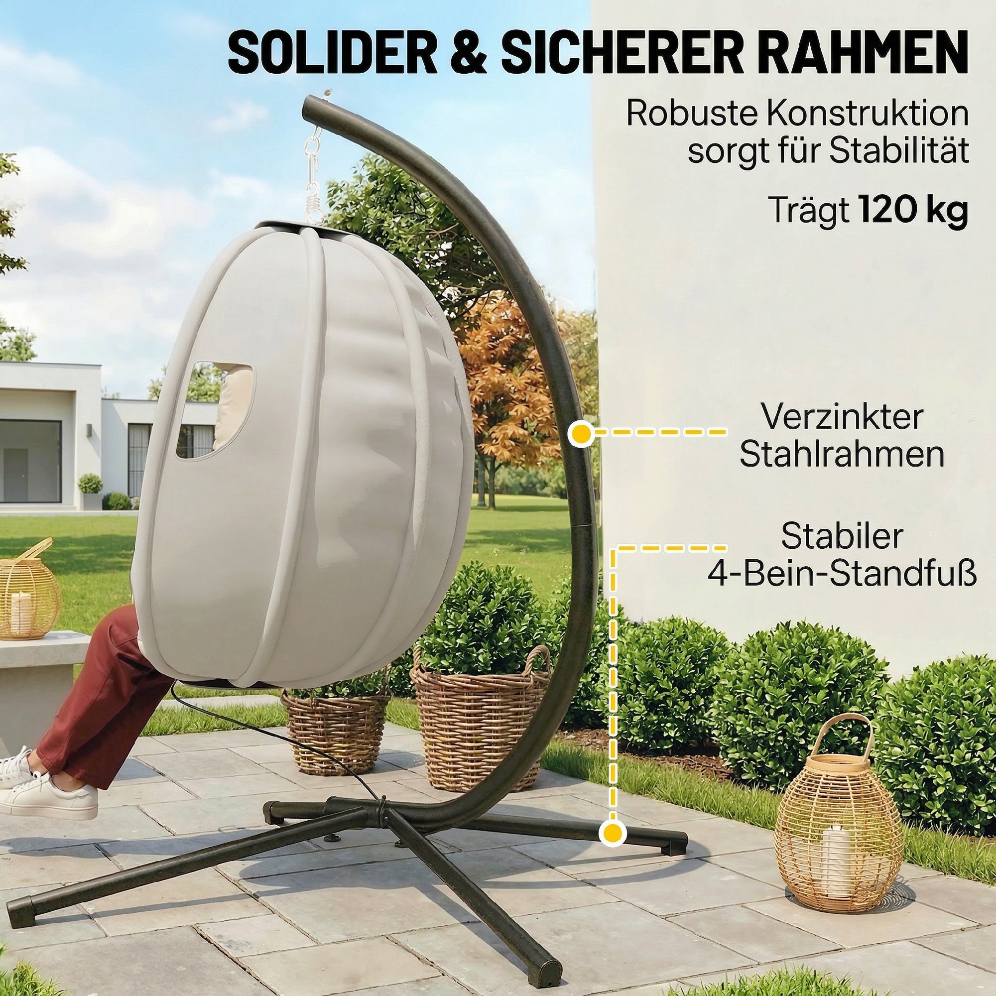 Hängesessel mit Gestell, faltbar Hängekorb mit dick Sitzpolstern verstellbarer Höhe Sicherheitsgurt bis 120 kg