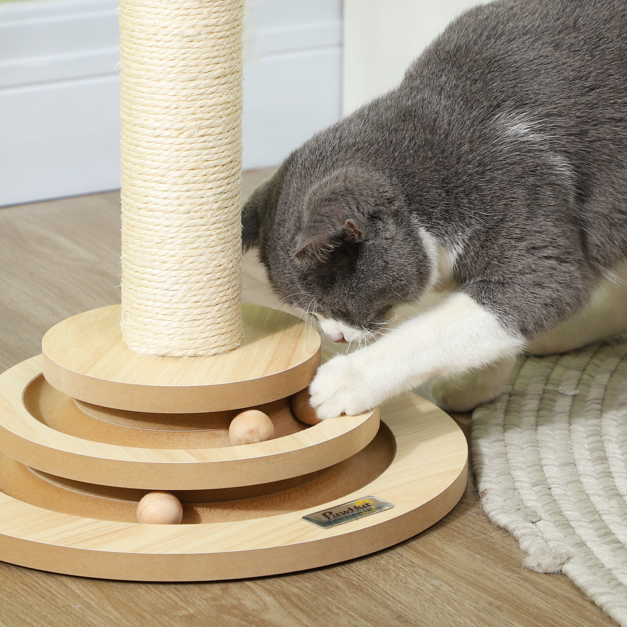 Katzen-Kratzbaum, 49 cm, Sisal-Kratzpfosten, Kugelbahn, Spielball, Spielfeder, 4-in-1-Design, Eiche, Weiß