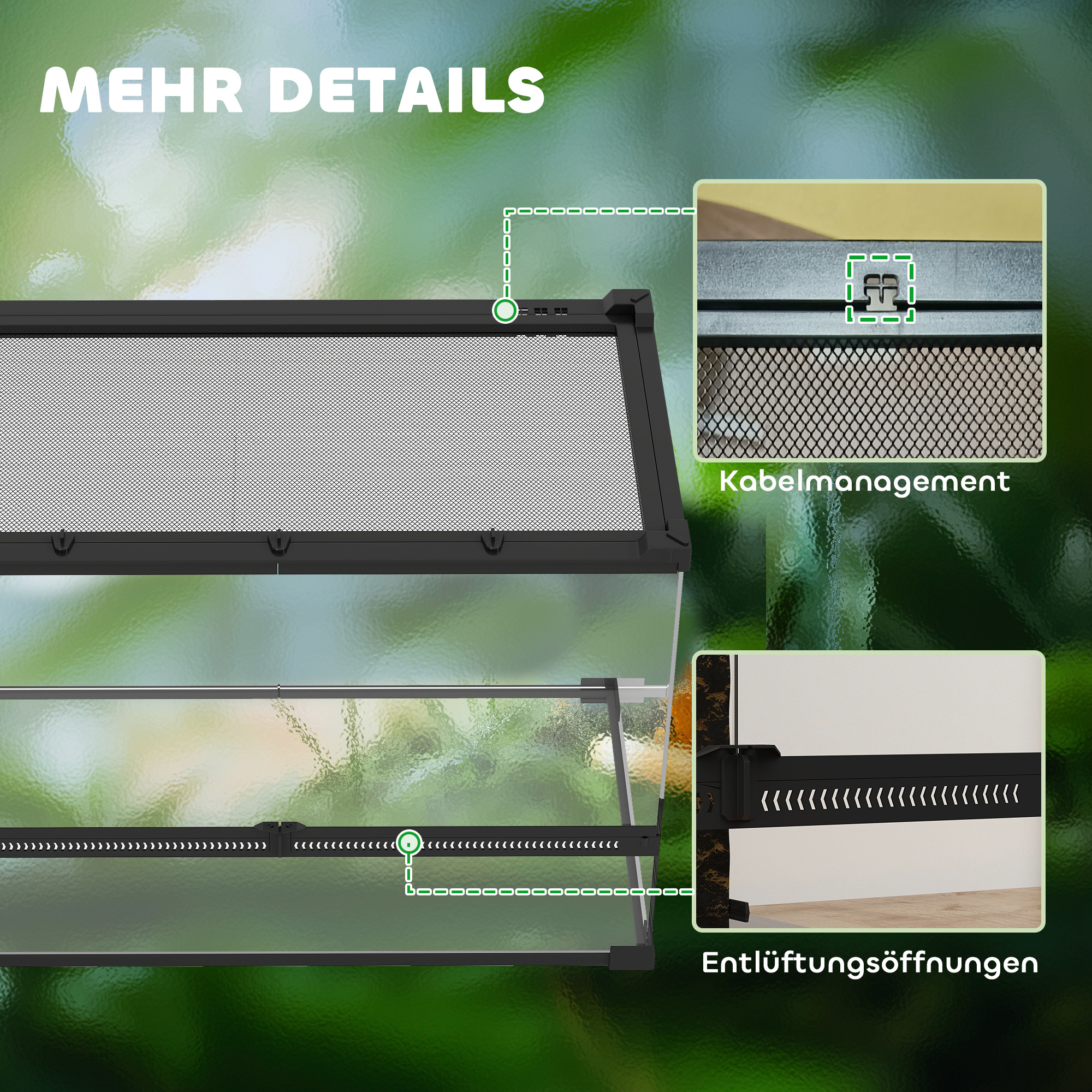 Glas-Terrarium für Reptilien, erhöhter & wasserdichter Boden, Knopfschloss