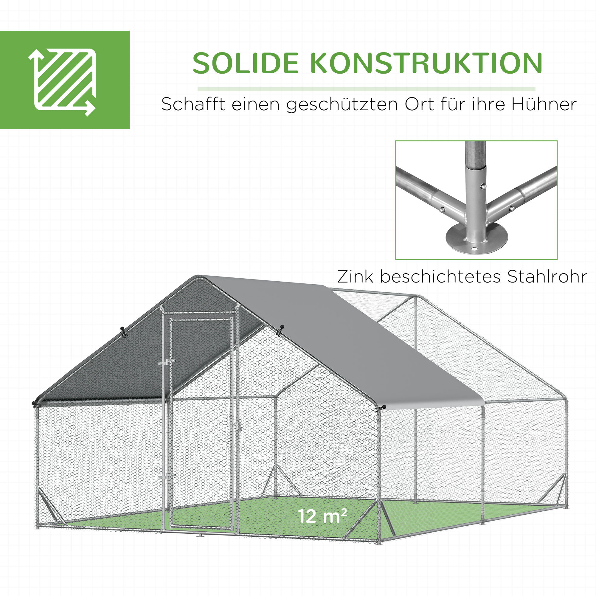 Hühnerstall, Freilaufgehege, Geflügelstall mit Schattendach, Freigehege für 4-6 Hühner, Enten Kaninchen, 3 x 2 x 2 m