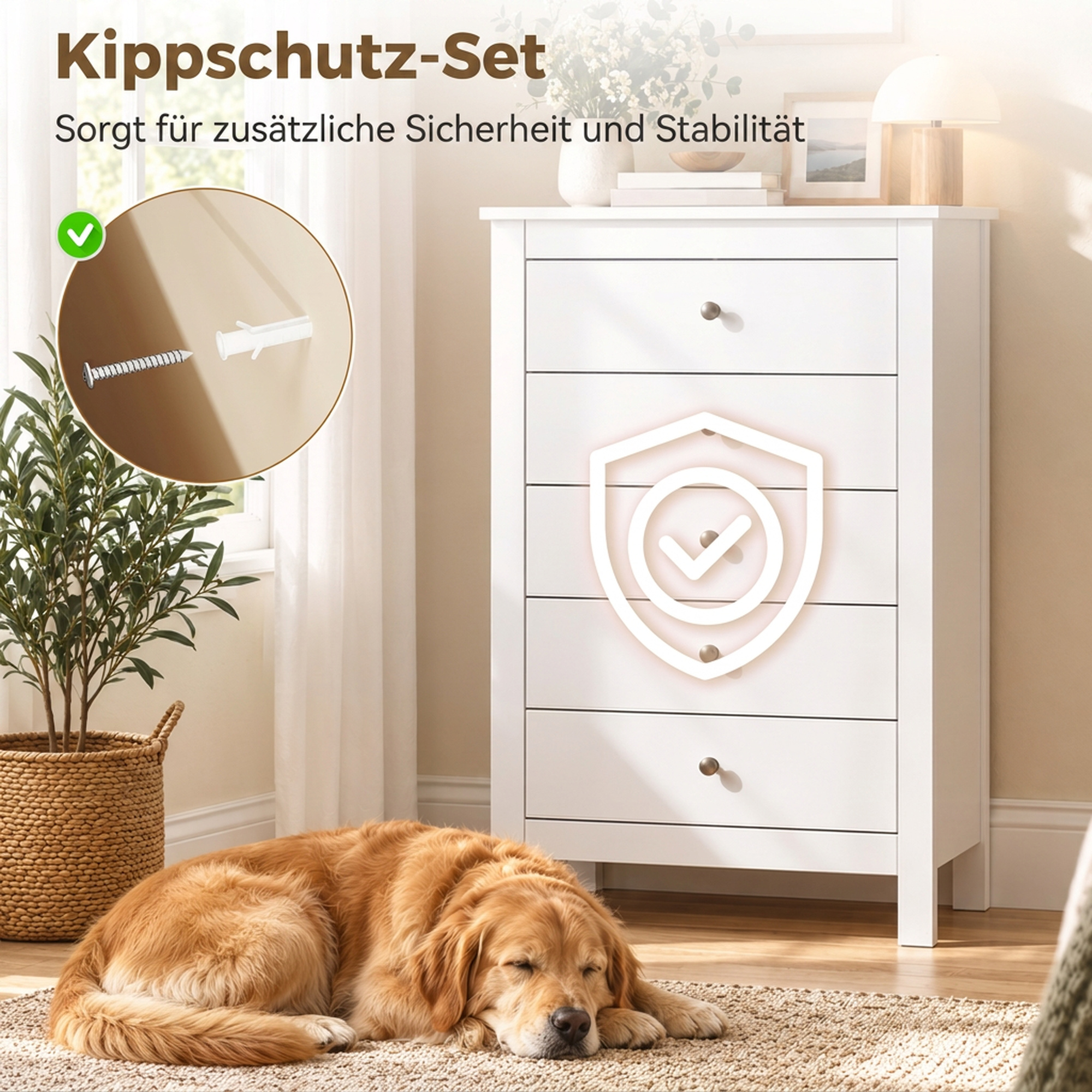 Kommode mit 5 Schubladen, Schrank mit leichtgängigen Schienen für Schlafzimmer, 60 x 39,5 x 95,3 cm, Weiß