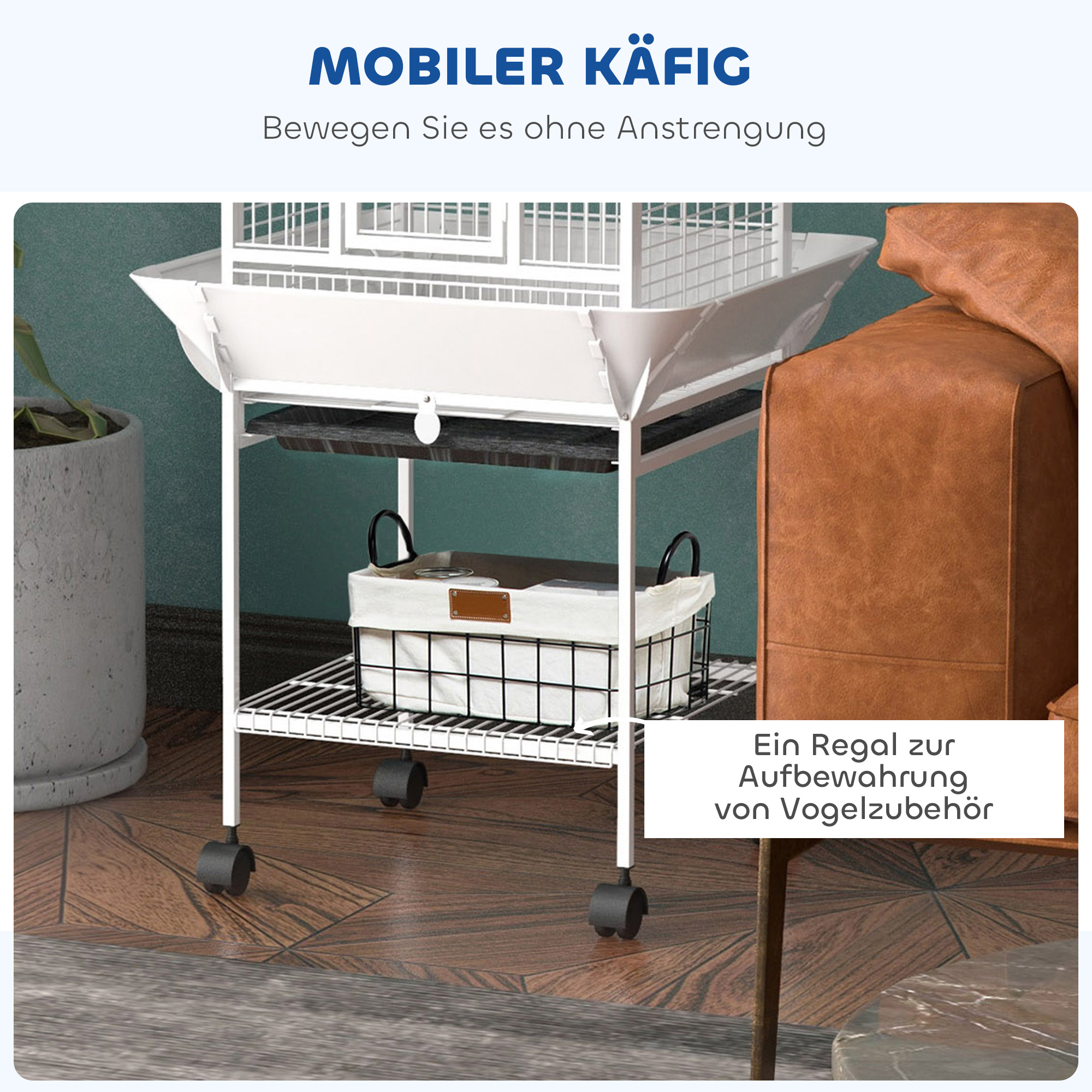 Vogelkäfig, Papageienkäfig mit 3 Türen, 2 Sitzstange, 360° Rollen, Futternapf, Ablage, Freisitz, 62,5x62,5x156cm, Weiß