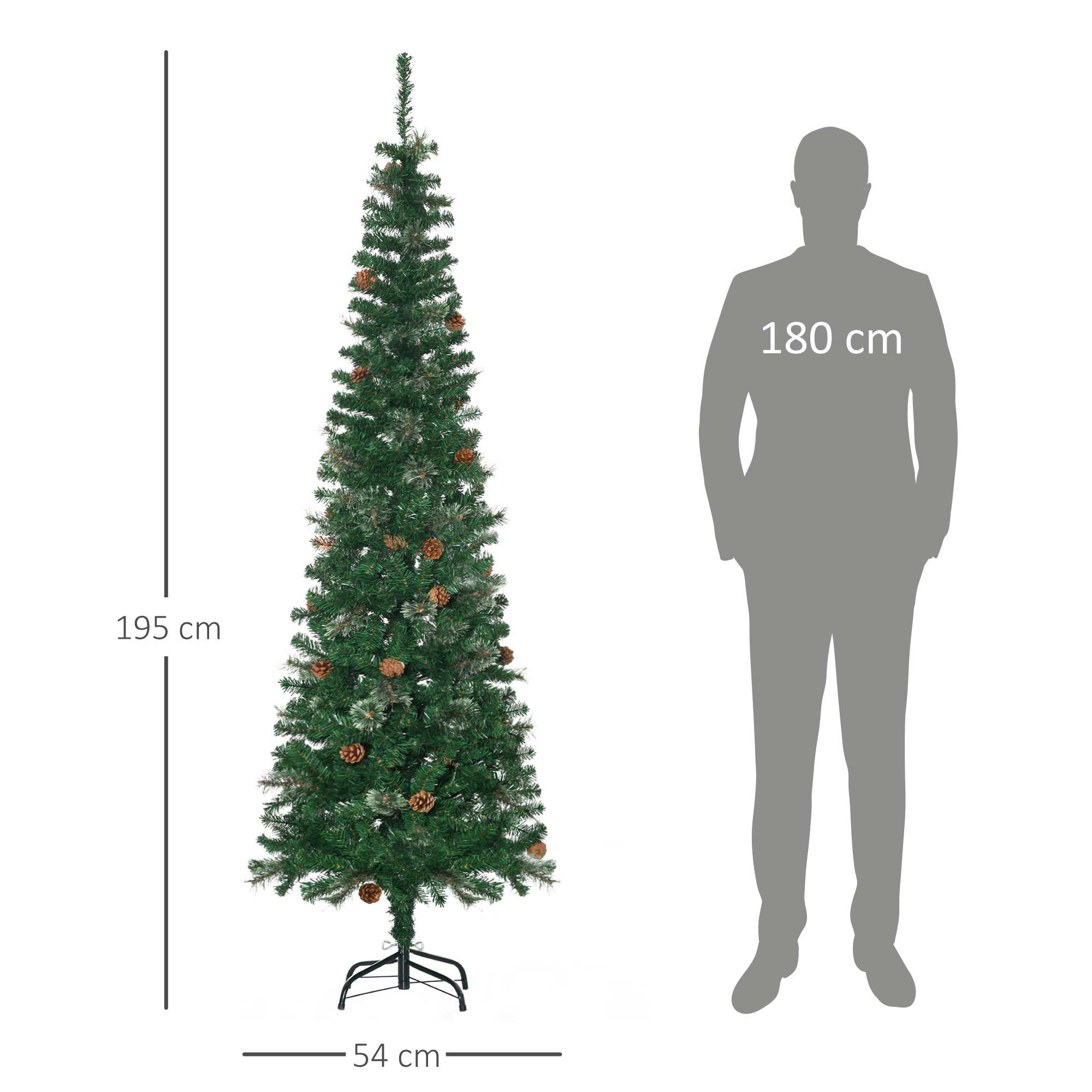 Künstlicher Weihnachtsbaum, schlank, Tannenzapfen, flammenhemmend, 54 x 195 cm, Grün
