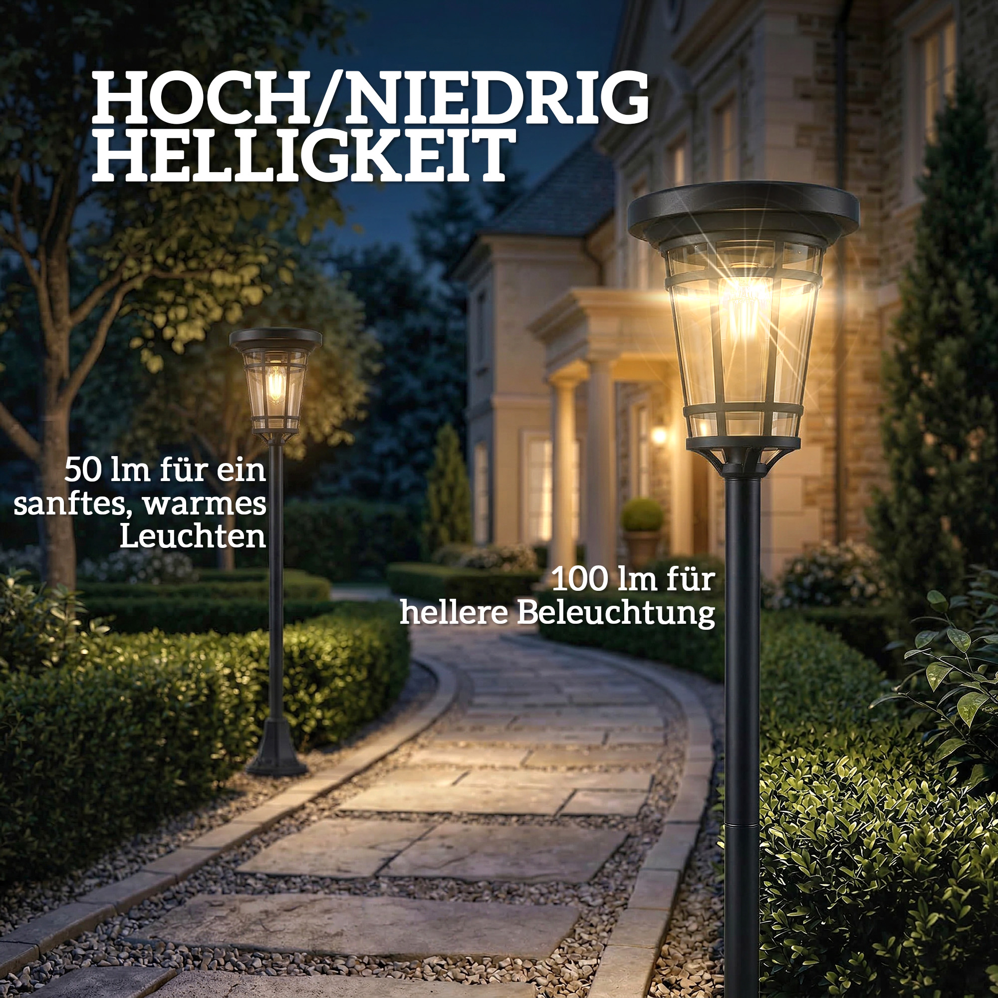 Solar Laterne 2er-Set Stehleuchte 180cm Höhenverstellbar mit 2 Helligkeitsmodi Lichtsensor Schalter, IP44