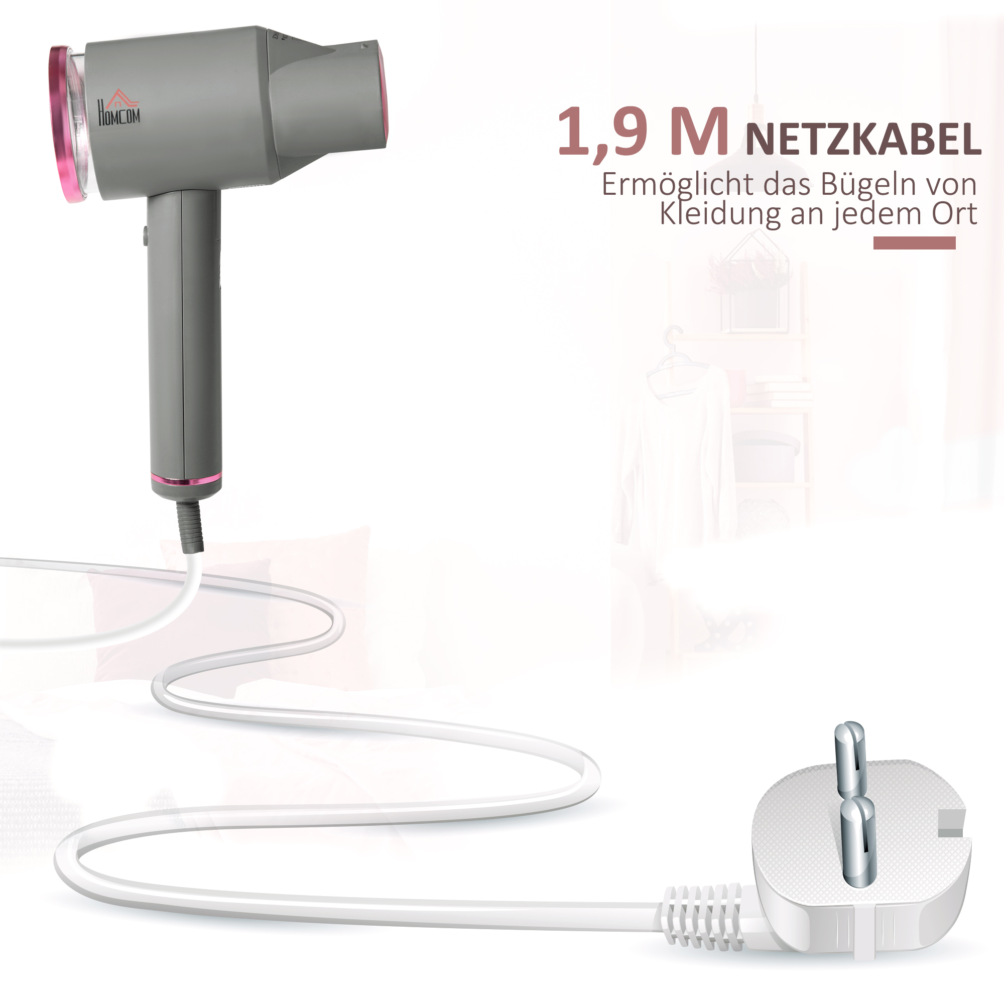 Dampfglätter Dampfbürste Steamer Reisebügeleisen faltbar Kleidung Hemden Dampfbügeleisen mit 160 ml Wassertank 1520 W schnelles Aufheizen Aluminium Kunststoff Grau+Rosa 27,5 x 18,2 x 9 cm