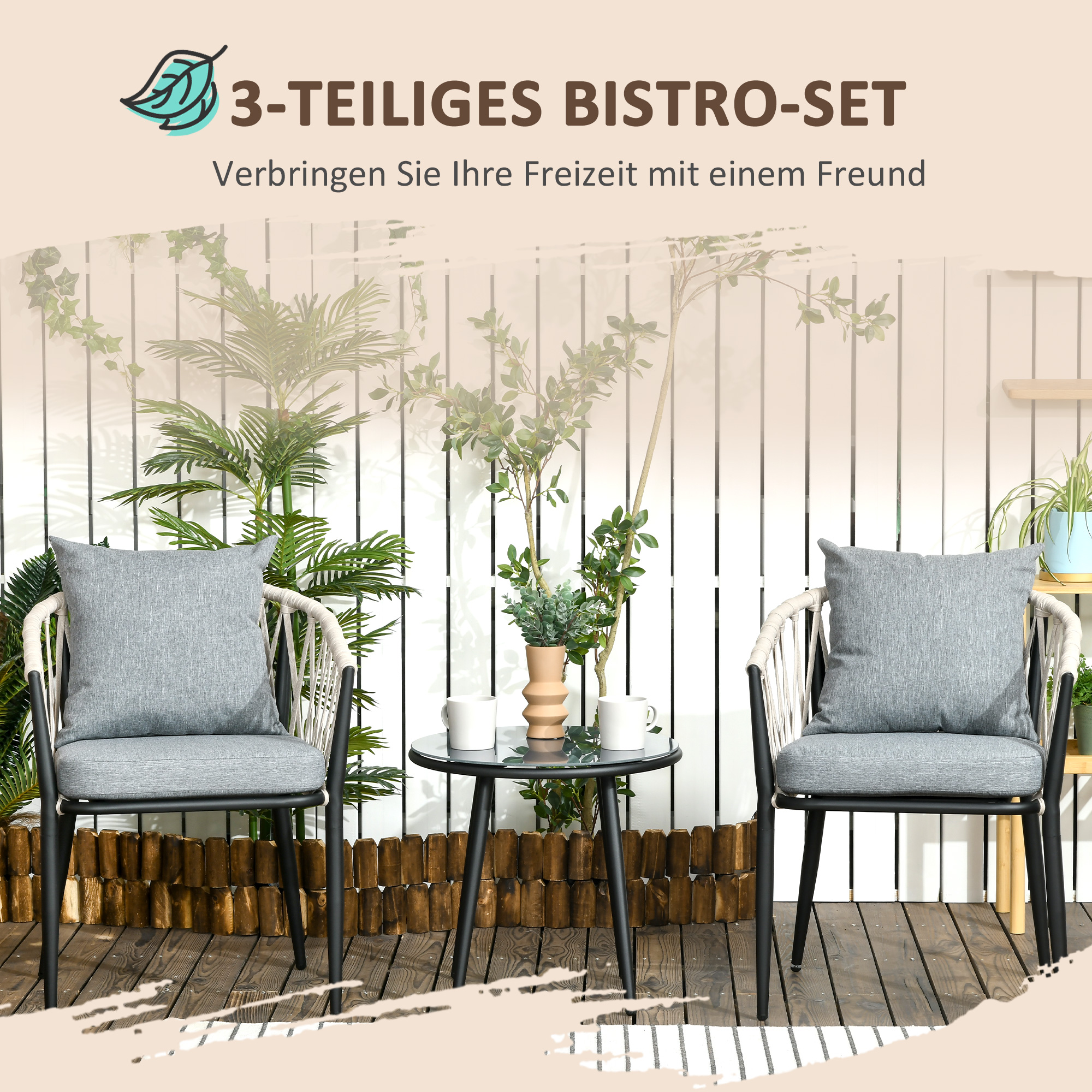 Gartenmöbel Set für 2 Personen inkl. 1 Tisch, 2 Stühlen mit Sitzkissen, Balkon-Set, Stahl, Grau