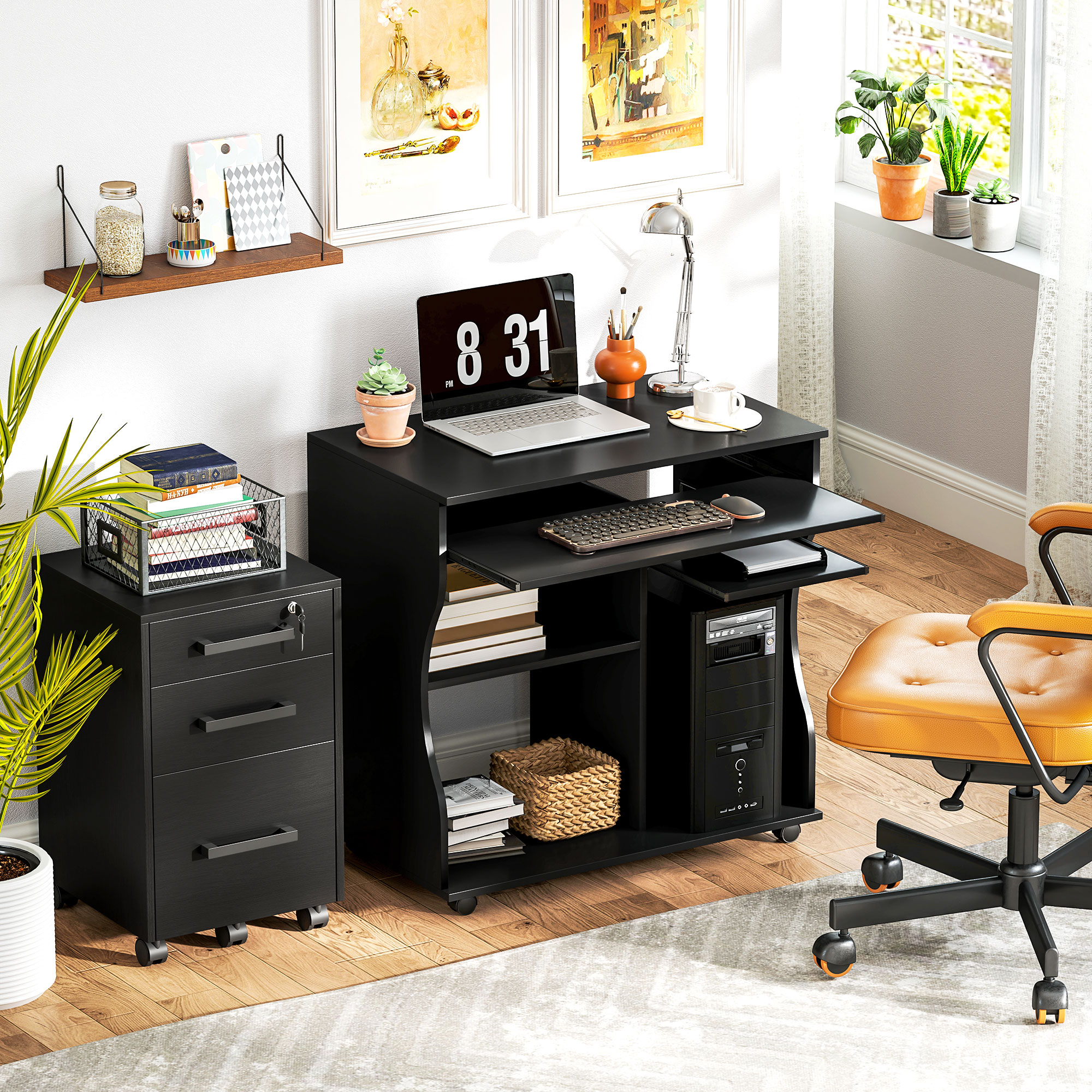 Computertisch mit Rollen, Schreibtisch mit Stauraum, 80 x 48 x 75 cm, Schwarz