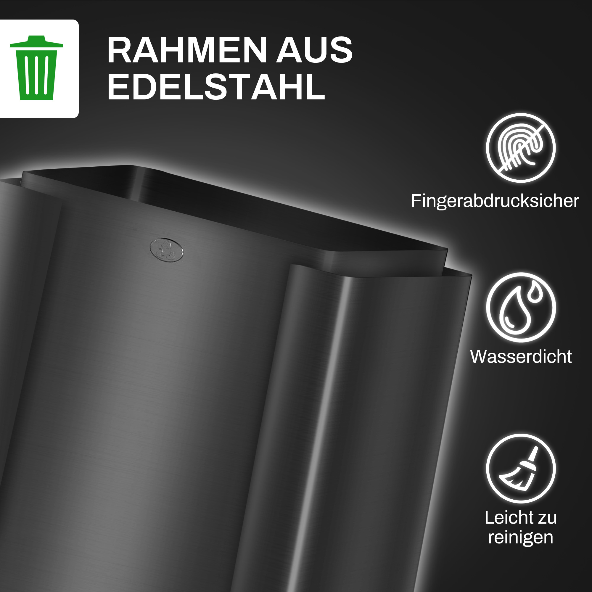 Mülleimer mit 3 x 15L Fächern, Deodorant-Deckel, fingerabdrucksicher, Soft-Close, herausnehmbar, Schwarz