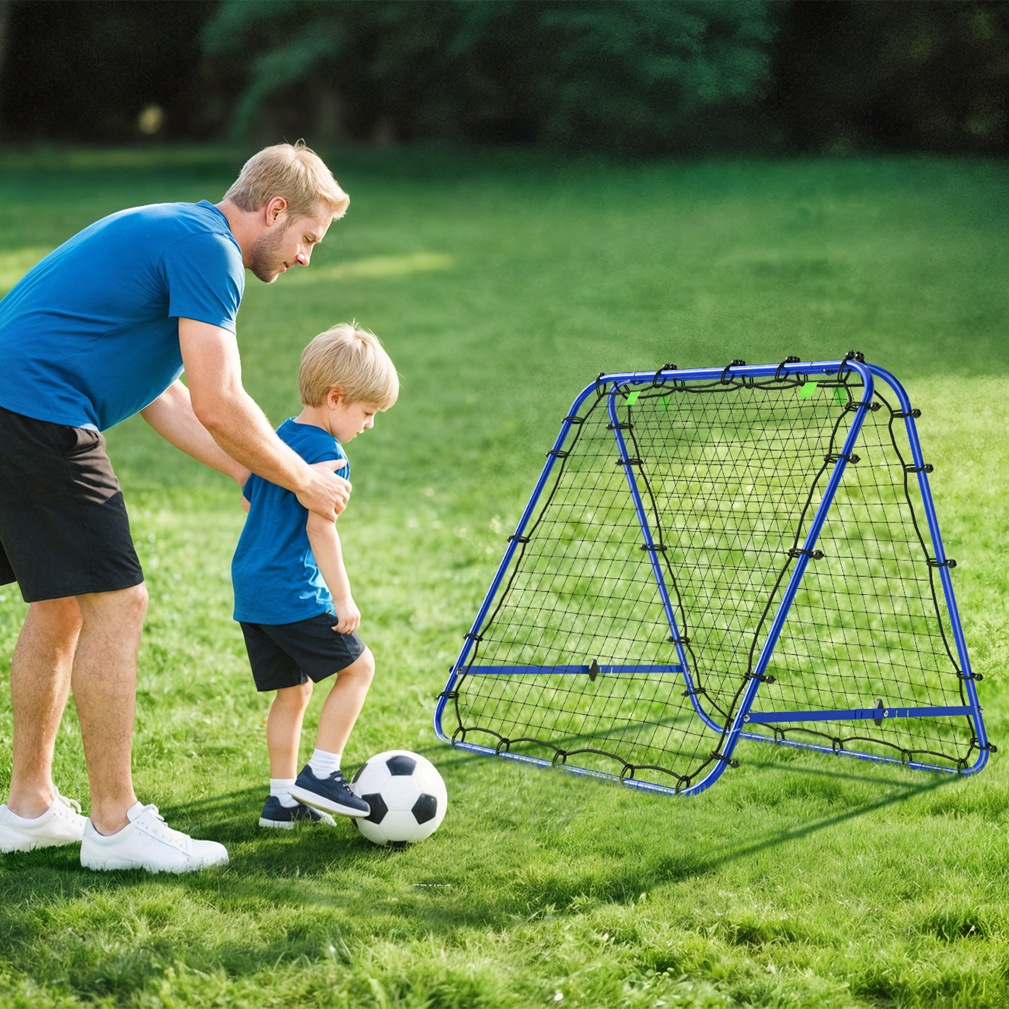 Doppelseitige Rebounder für Fußball, verstellbar Prellwand mit 5 Winkelpositionen Rückprallwand Netz, 100 x 68-95cm Kickback Tor für Jugendliche, Rückprallwand für Handball Training, Blau