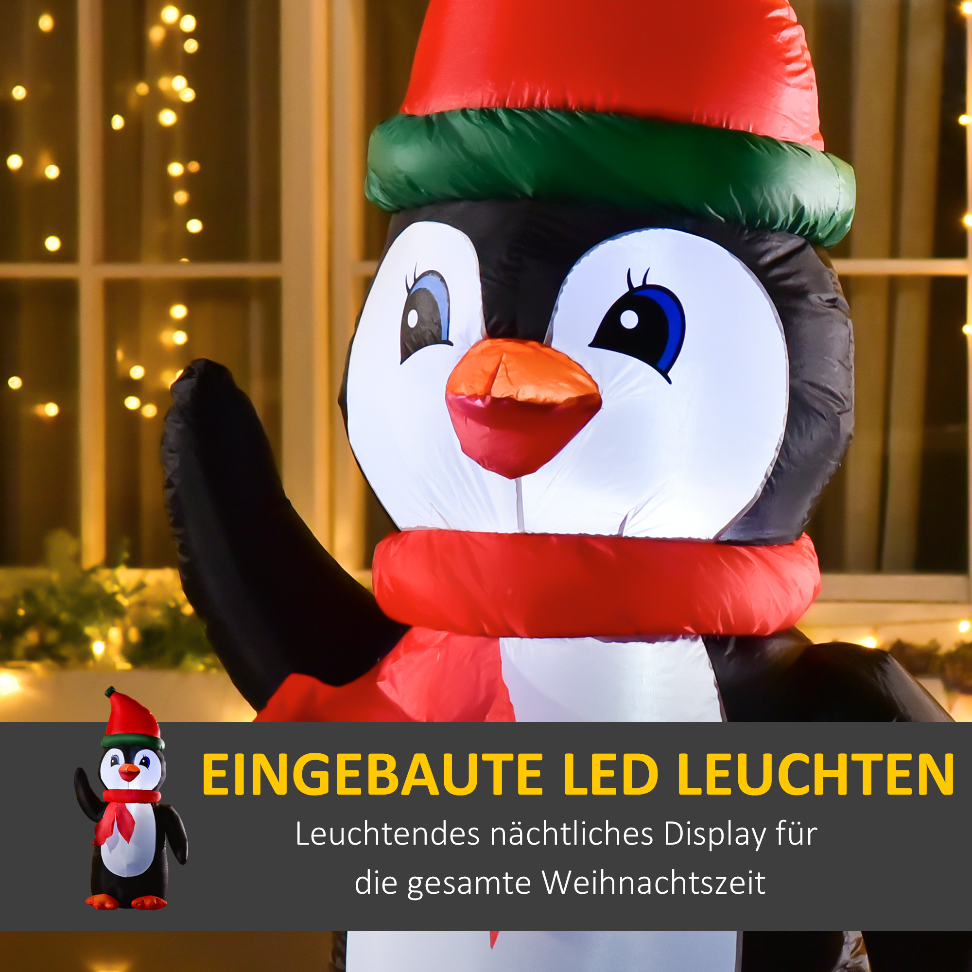 155cm aufblasbarer Weihnachtspinguin Weihnachtsdeko mit 3 Eingebauten Lichtern, Aufblasbare Weihnachtsdekoration für Innen Außen Garten Party Hof