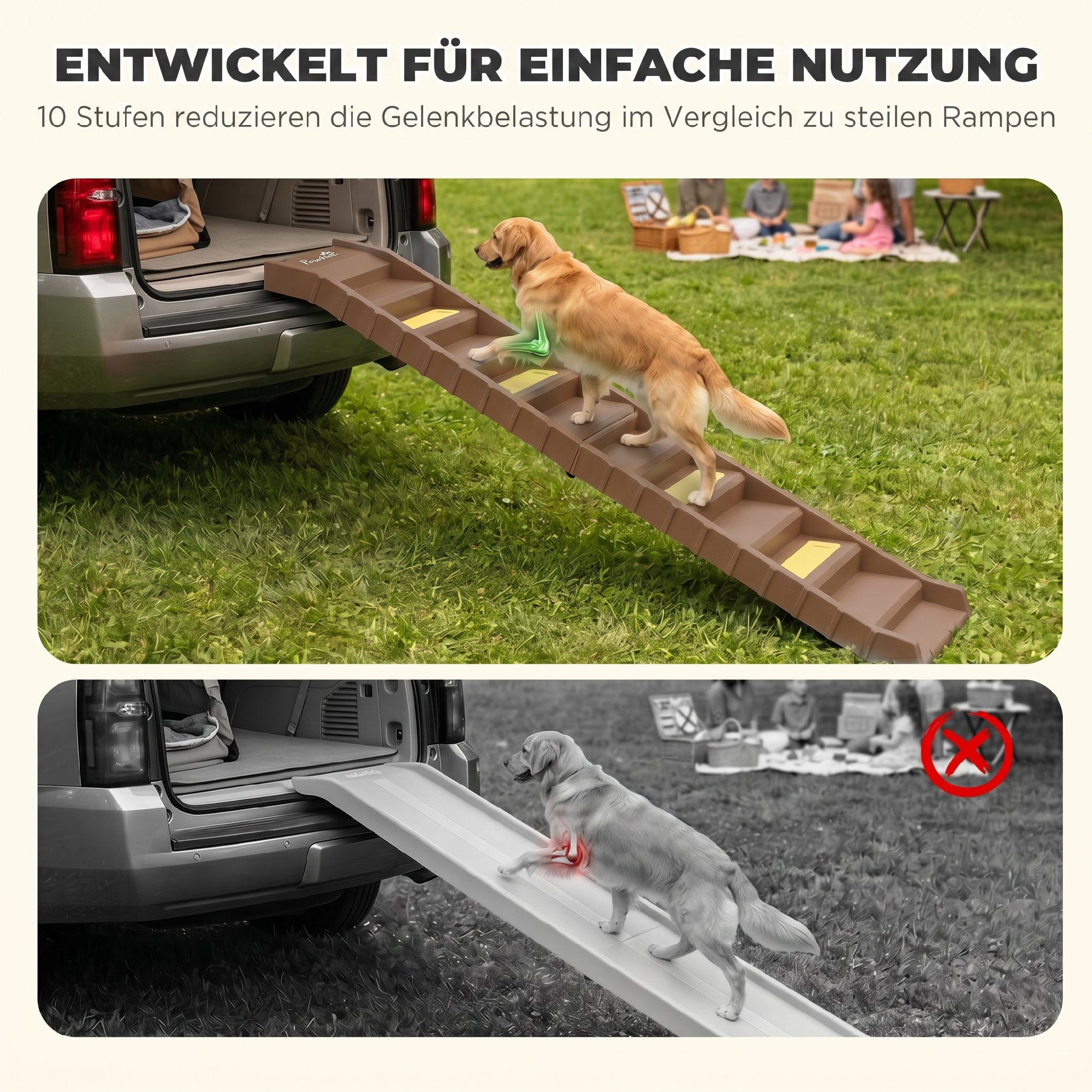 Hunderampe Auto klappbar Hundetreppe mit 10 Stufen Rutschfester Oberfläche, 154x40cm ür mittelgröße Hunde bis 25kg