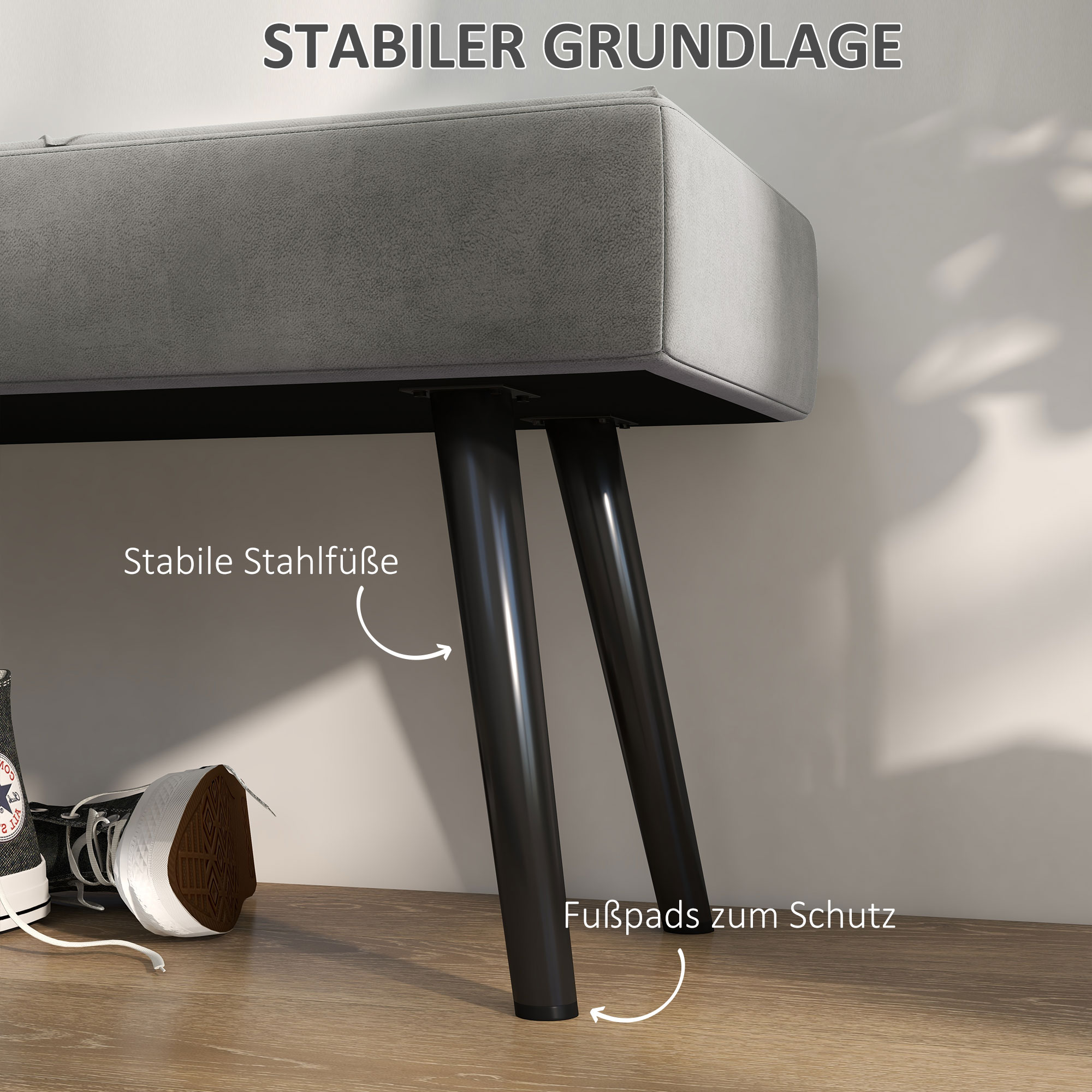 Sitzbank Polsterbank Bettbank, Samtoptik, 100 x 36 x 45 cm, Grau