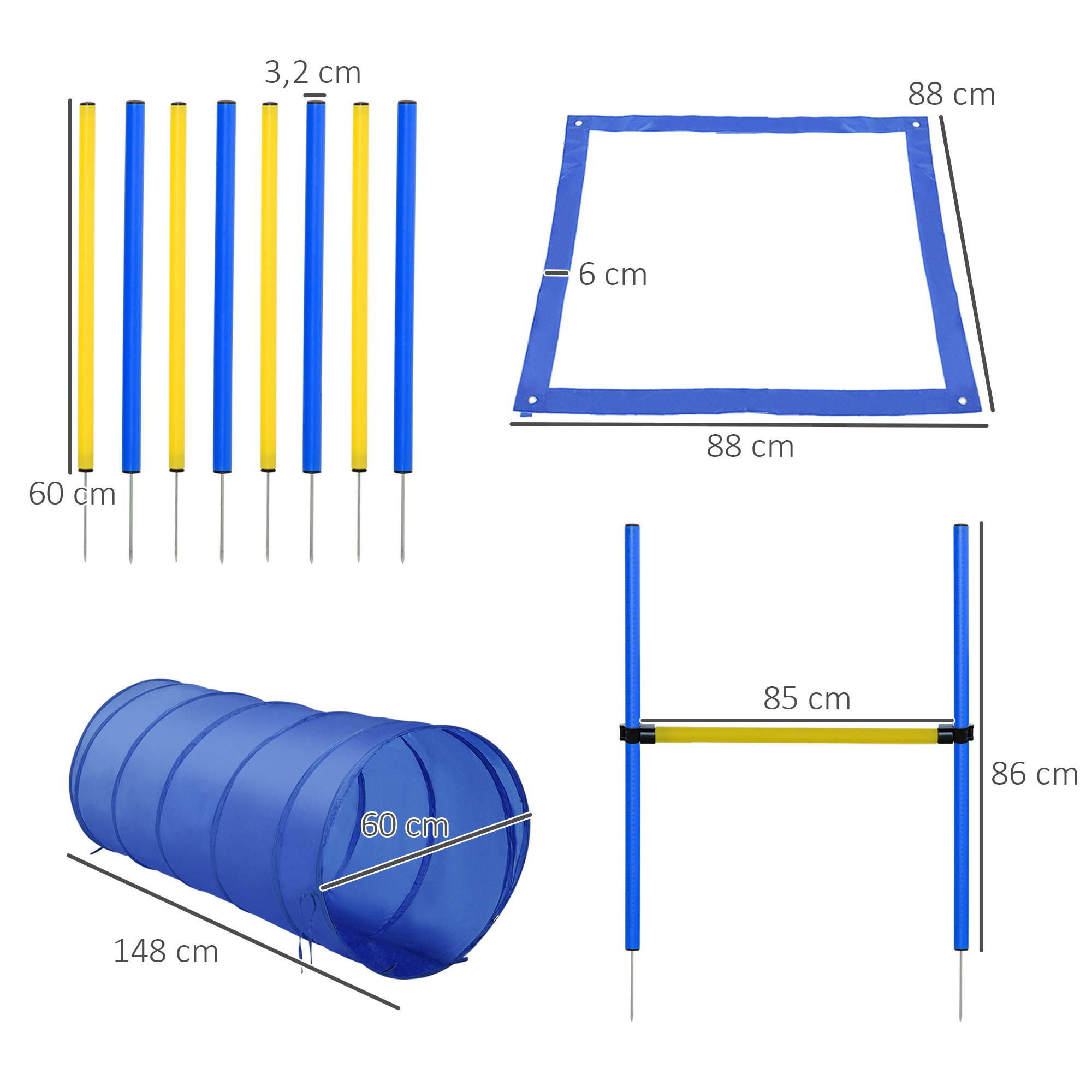 Agility-Übungs-Set Slalom-Hürden-Tunnel Hundesport Trainingsplatz PE+Polyester Blau+Gelb