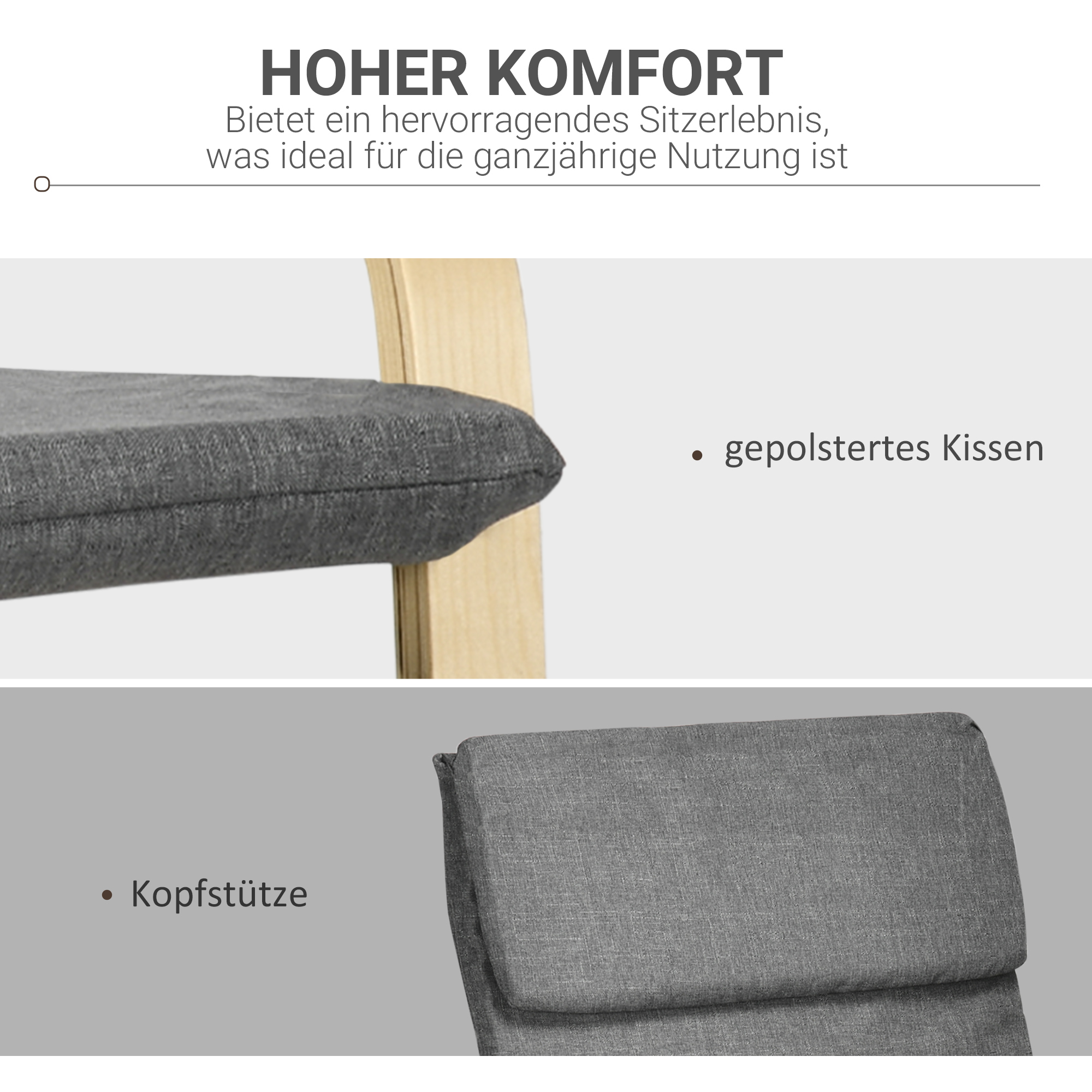 Sessel mit Kopfstütze und Armlehnen, Bezug in Leinenoptik, Holzgestell, Grau + Natur