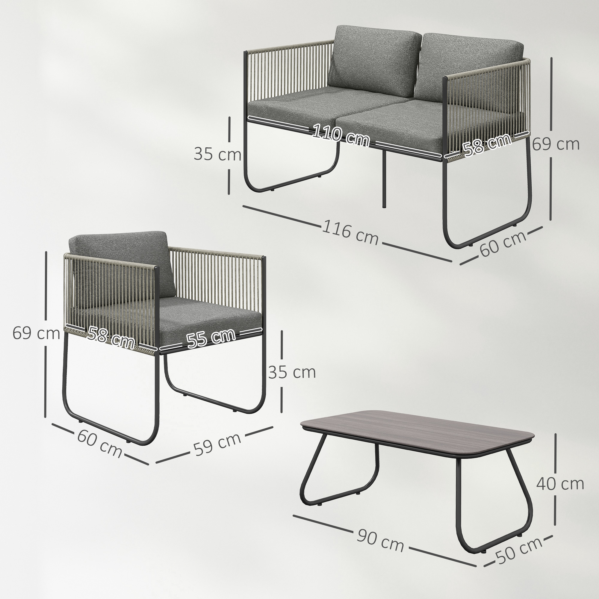 Gartenmöbel Set aus Polyrattan Lounge-Set mit Sofa Sessel Tisch Kissen wetterfest 116 x 60 x 69 cm Braun+Dunkelgrau