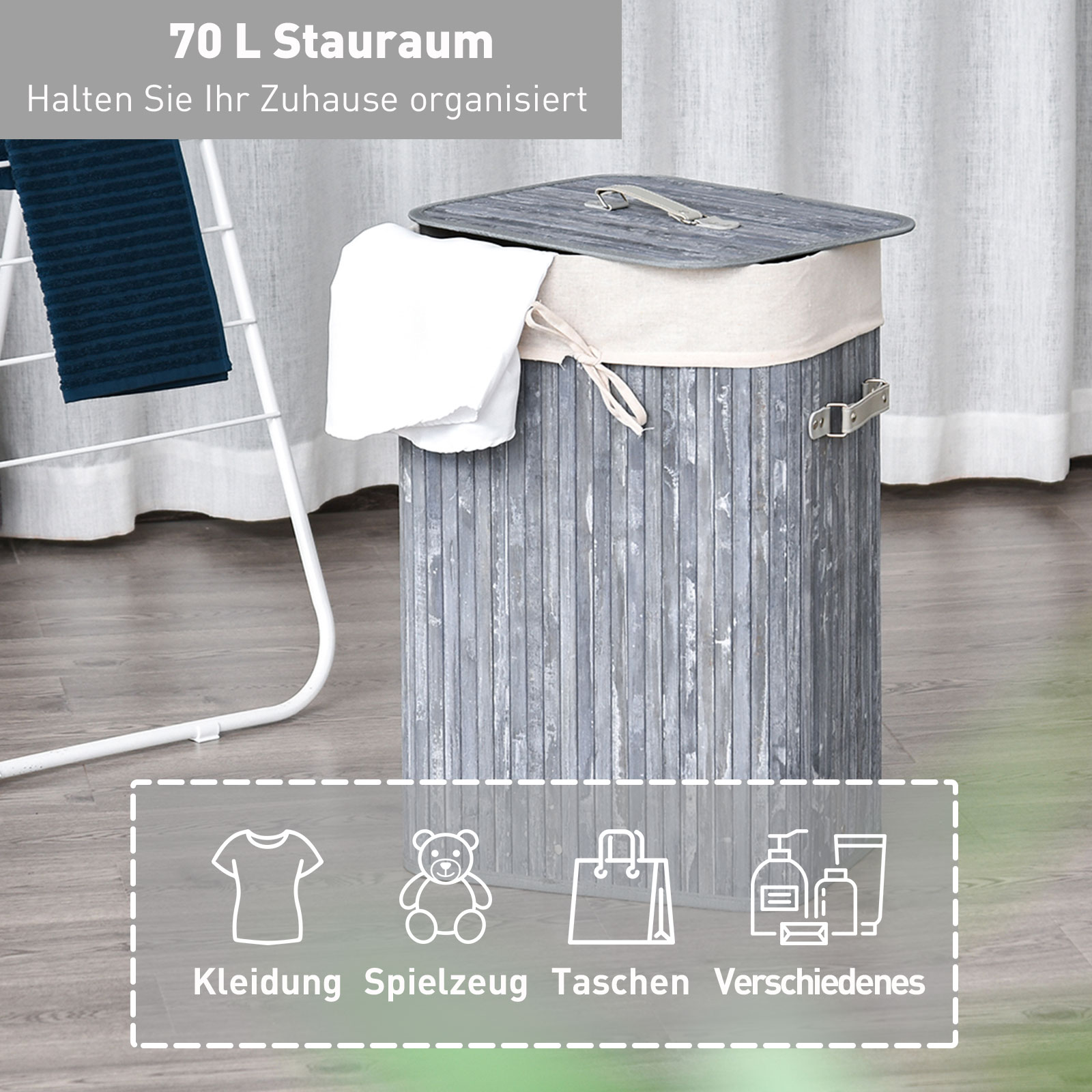 Wäschekorb schmal mit Deckel 72L Wäschesammler mit Griff, herausnehmbarer Wäschesack, Wäschebox für Waschküche Schlafzimmer Badezimmer, Grau