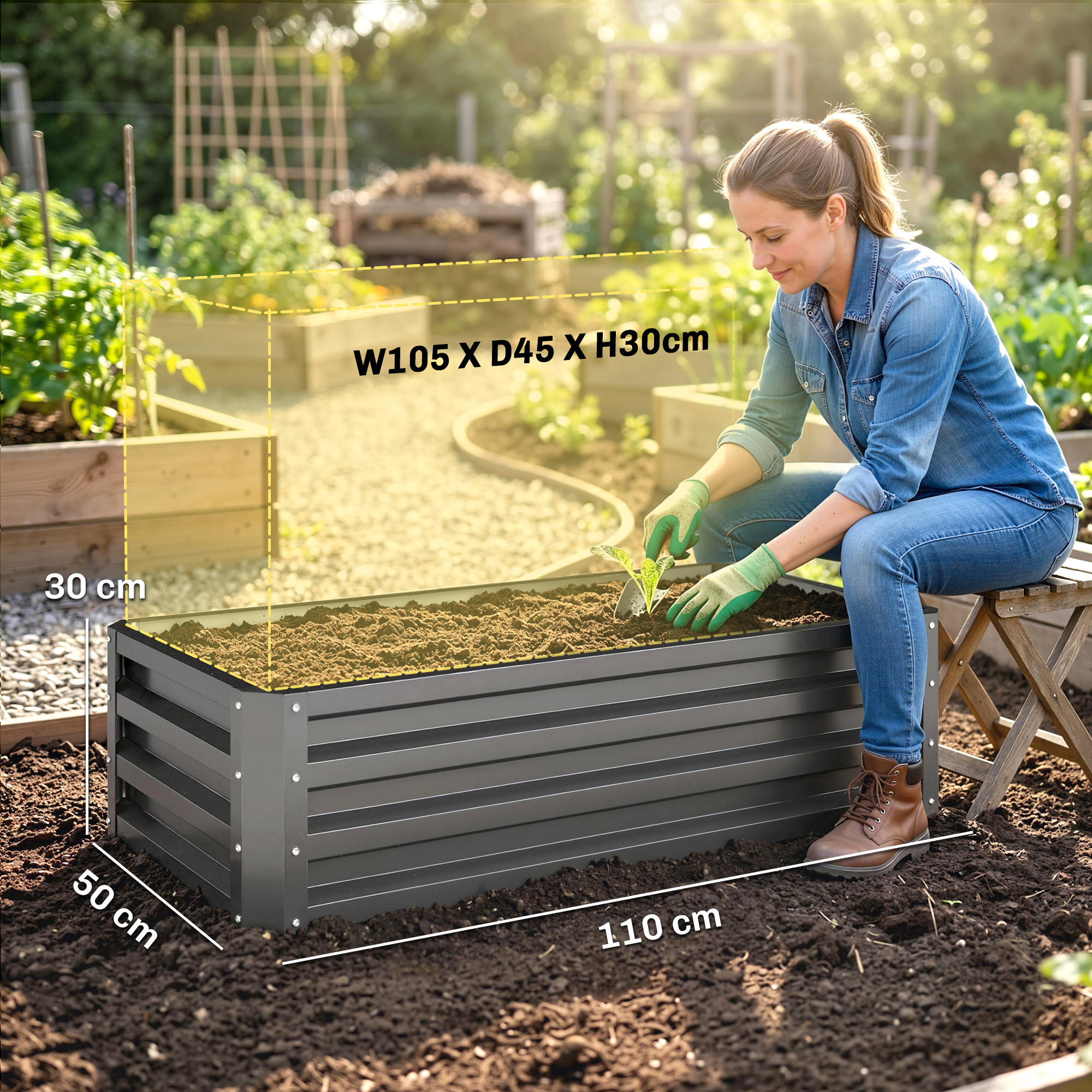 Hochbeet Metall 2er-Set, Offener Boden, Für Garten Balkon, 110x50x30cm, Dunkelgrau