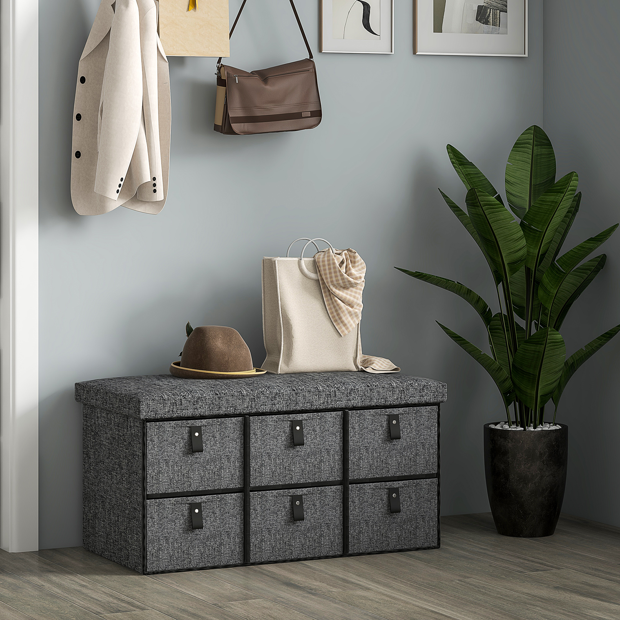 Gepolsterte Schuhbank, 6 Schuhfächer, MDF-Rahmen, Leinenoptik, Grau