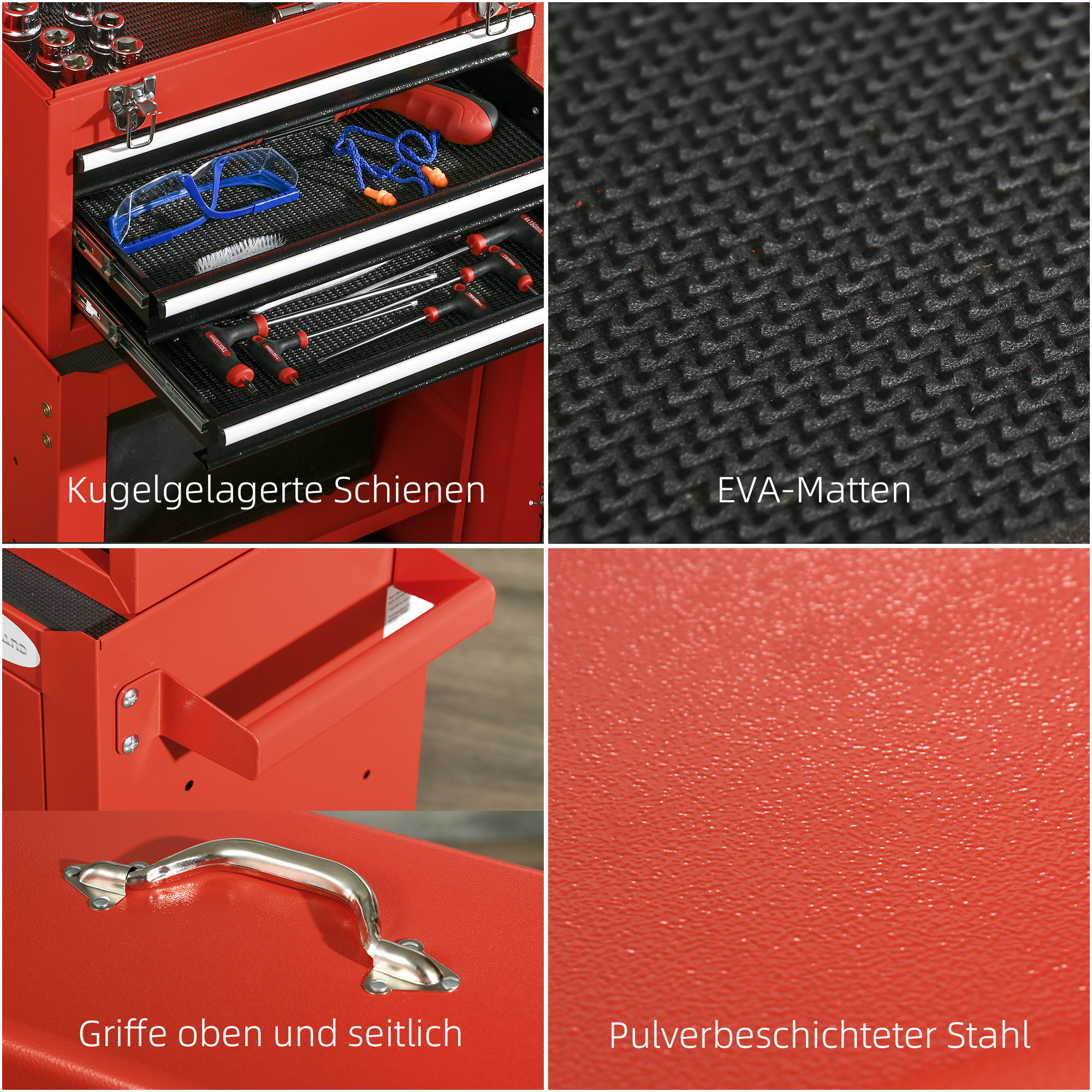 2-in-1 Werkzeugwagen, mobil, 3 Schubladen, Werkzeugtafel, Stahlgehäuse, 46L x 28B x 94H cm, Rot