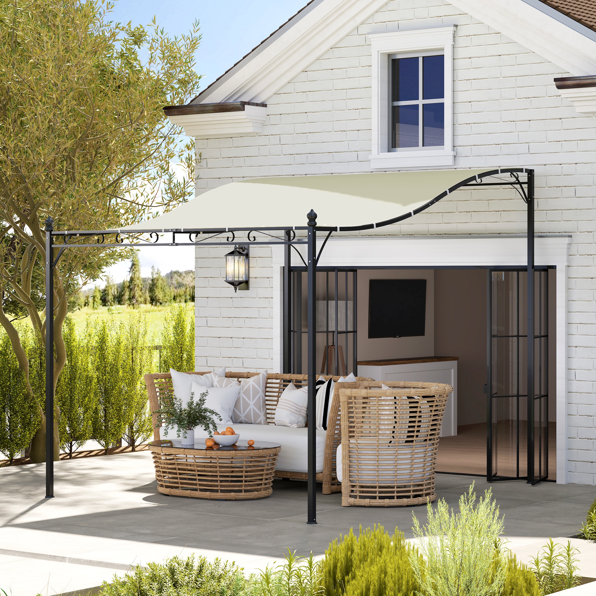 3 x 2,5 m Pergola, Wandmontierter Garten-Pavillon, wasserbeständig, Metallrahmen, Ablauflöcher, Schattendach, Cremeweiß
