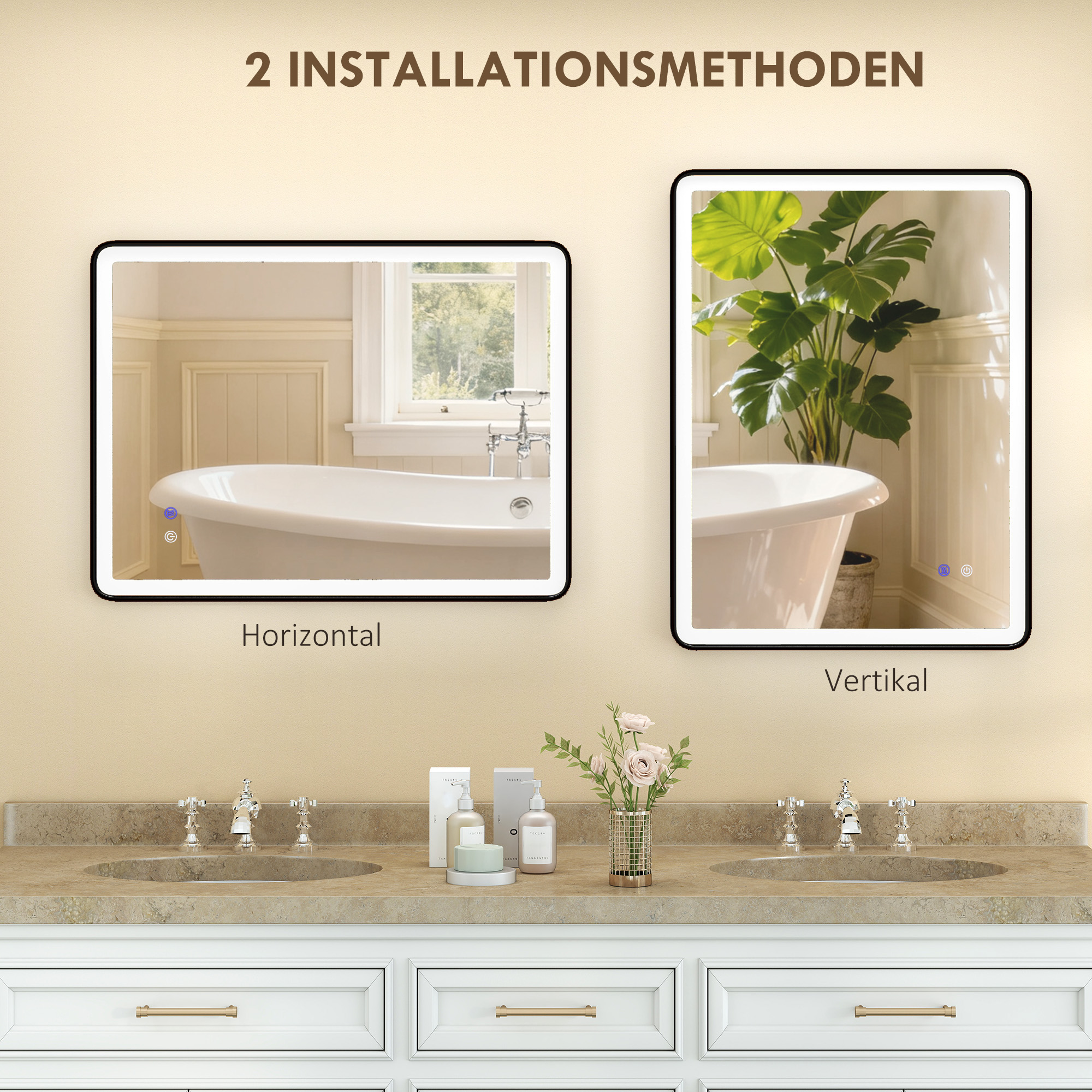 LED-Badezimmerspiegel Anti-Beschlag Dimmbare Schminkspiegel mit Beleuchtung 80 x 60 cm Schwarzer Rahmen