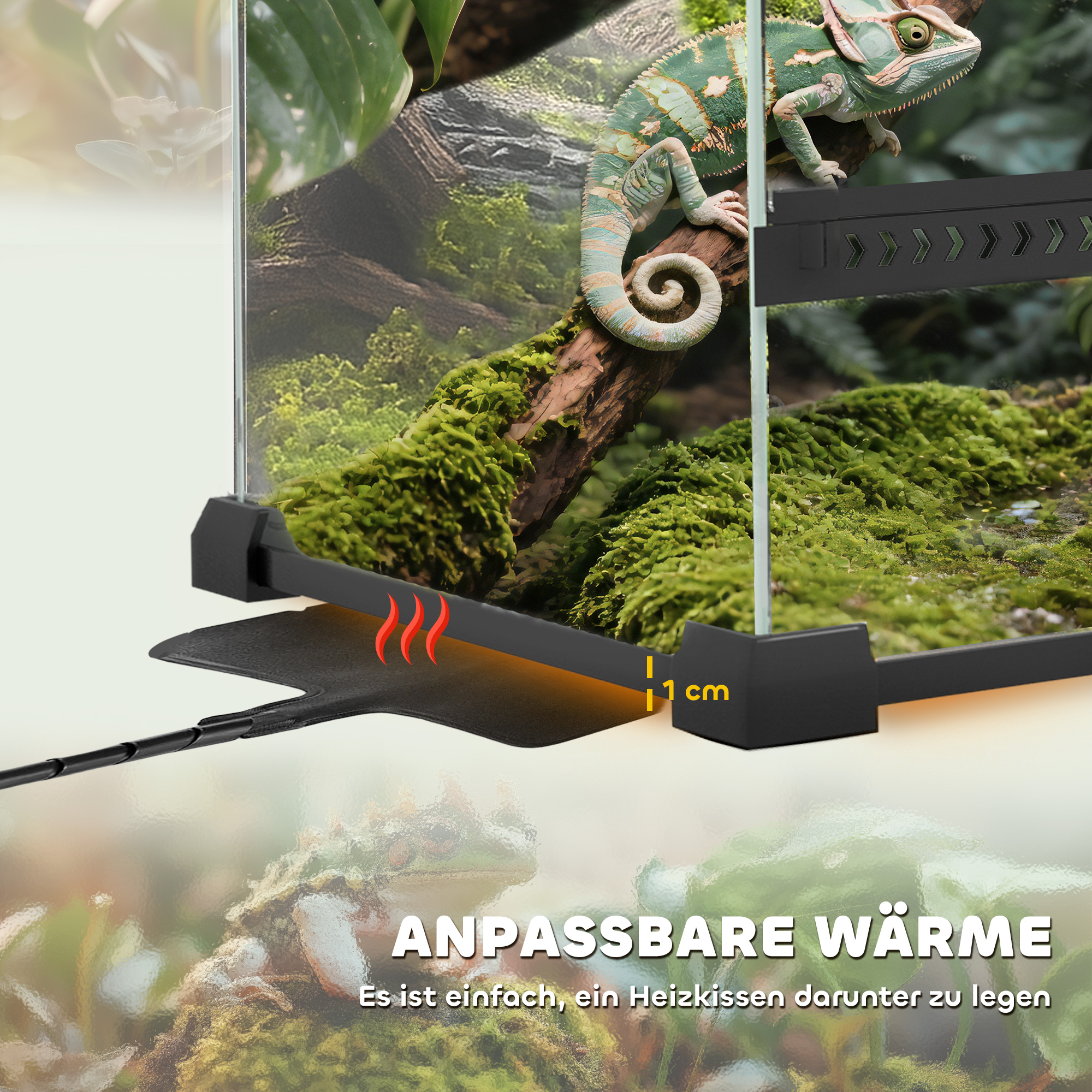 Glas-Terrarium für Reptilien, erhöhter & wasserdichter Boden, Knopfschloss