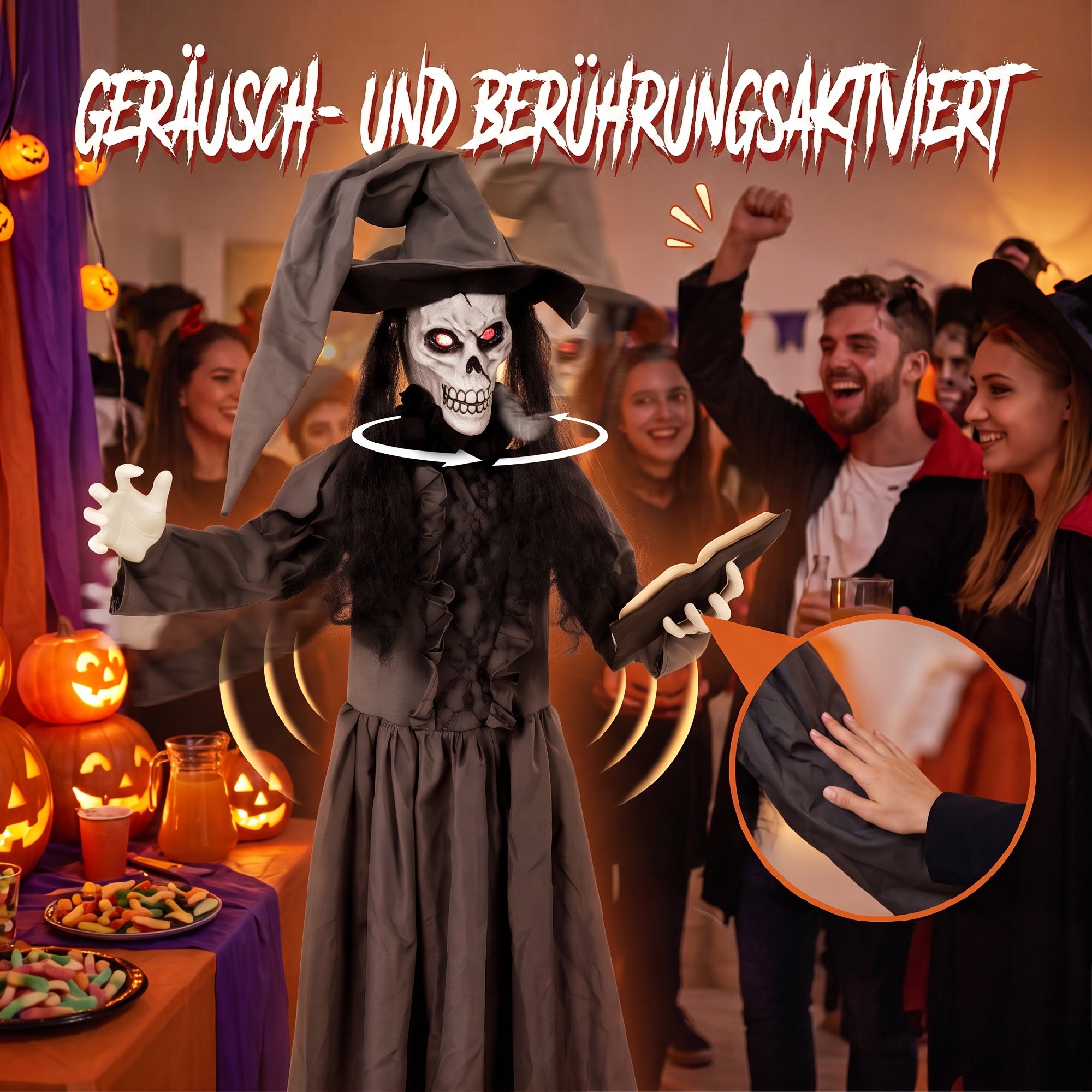 180 cm Halloween Animierte Hexe Dekoration Lebensgroß mit leuchtenden Augen, Gruseliger Sound, Berührungsaktivierung