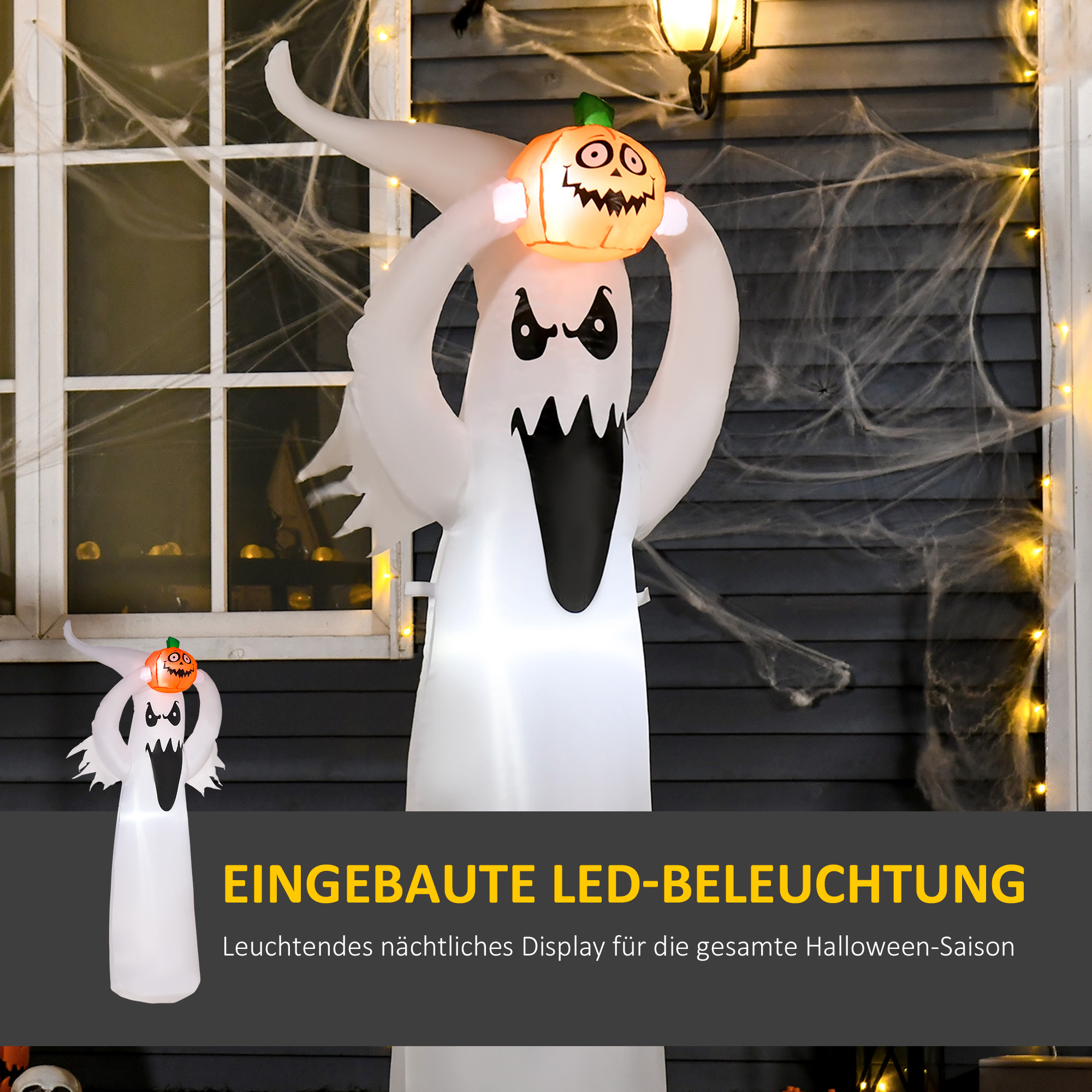 Halloween aufblasbares Gespenst 1,8 m Dekoration mit LEDs Weiß + Orange Polyester 80 x 40 x 180 cm